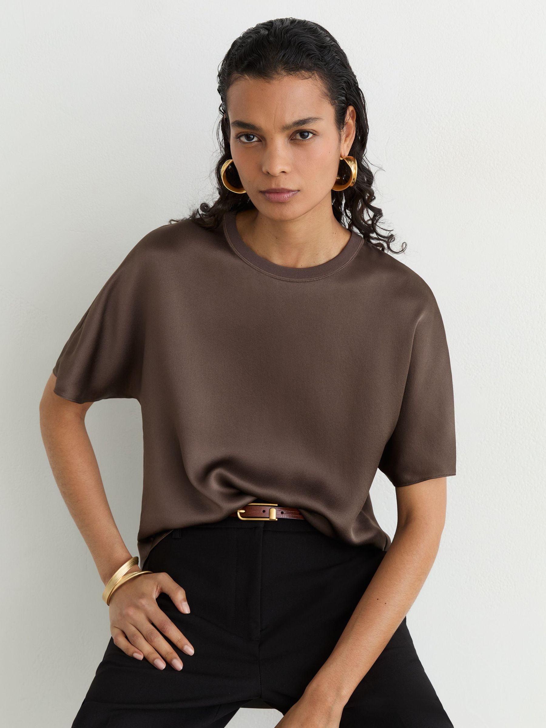 Silk Short-Sleeve Top in Mauve - Image 1 of 7 Silk Short-Sleeve Top in Mauve - Image 1 of 7