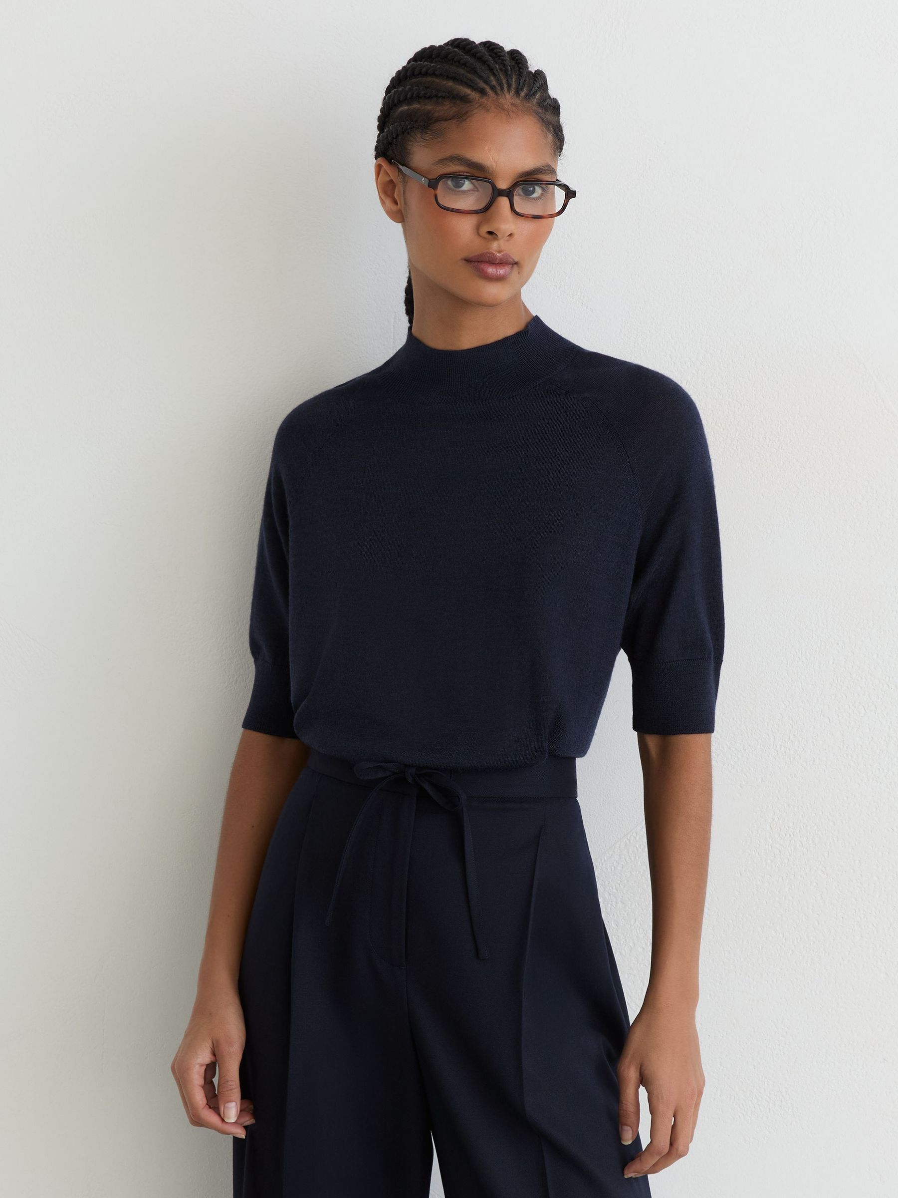 Merino Wool Funnel-Neck Top in Navy - Image 1 of 6