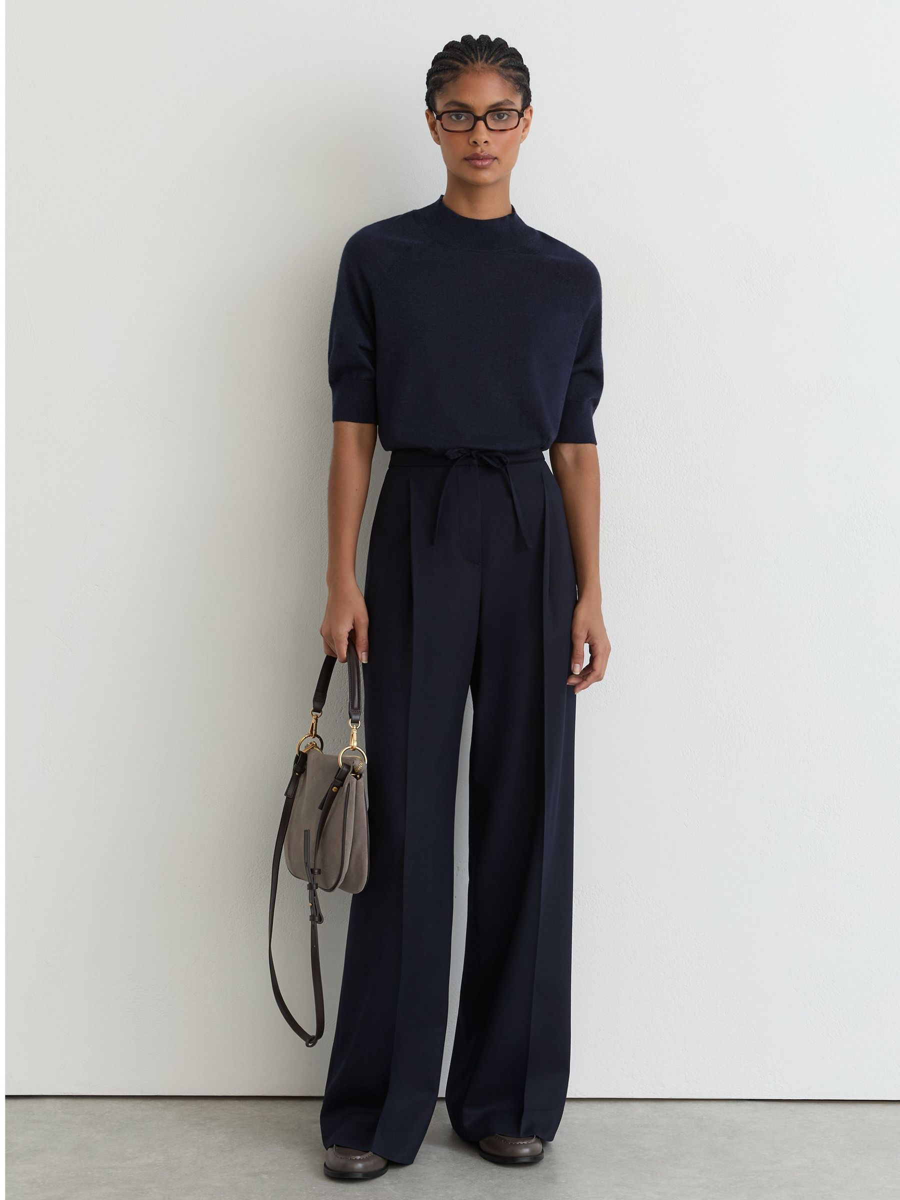 Merino Wool Funnel-Neck Top in Navy - Image 3 of 6