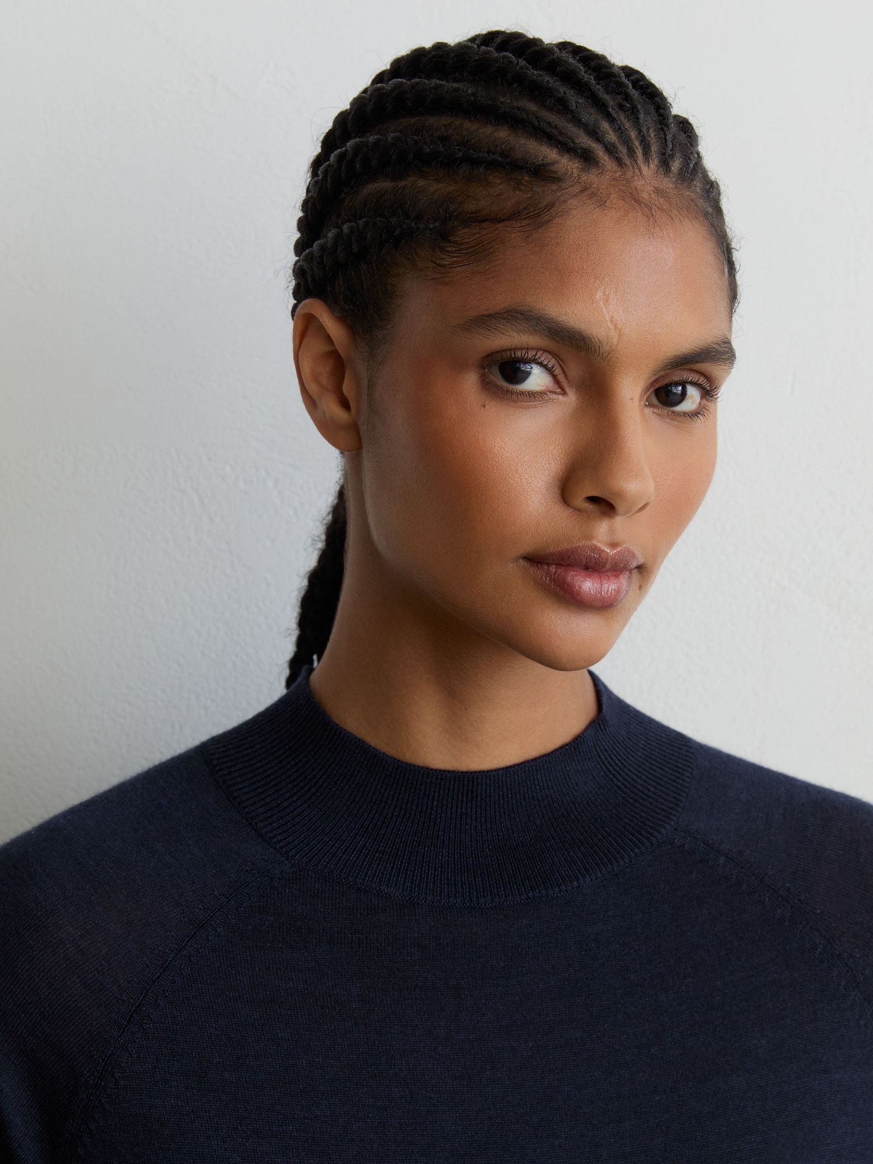 Merino Wool Funnel-Neck Top in Navy - Image 4 of 6
