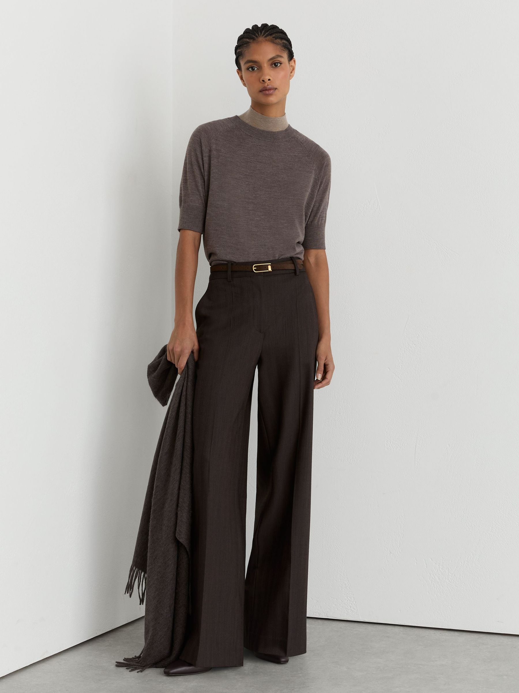 Merino Wool Mock-Neck T-Shirt in Mocha Brown - Image 1 of 6
