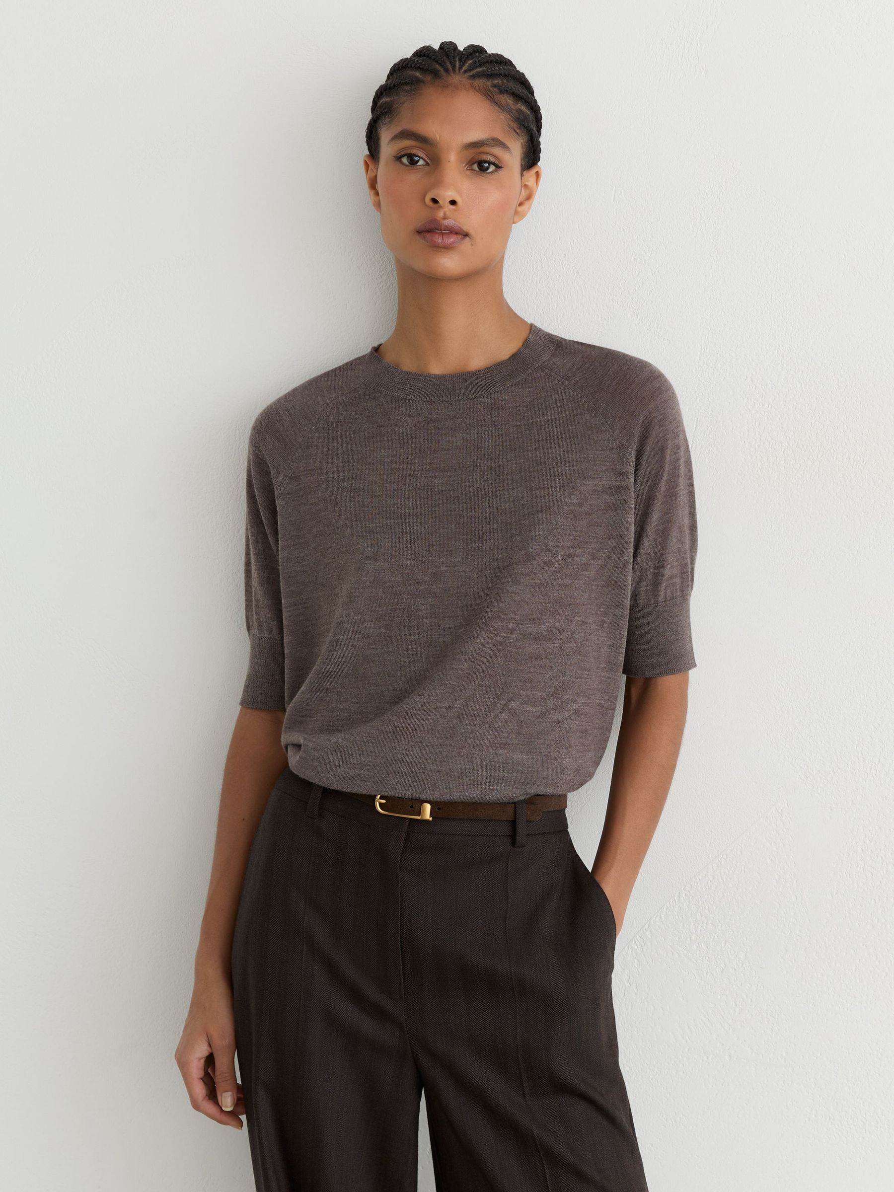 Merino Wool Mock-Neck T-Shirt in Mocha Brown - Image 3 of 6
