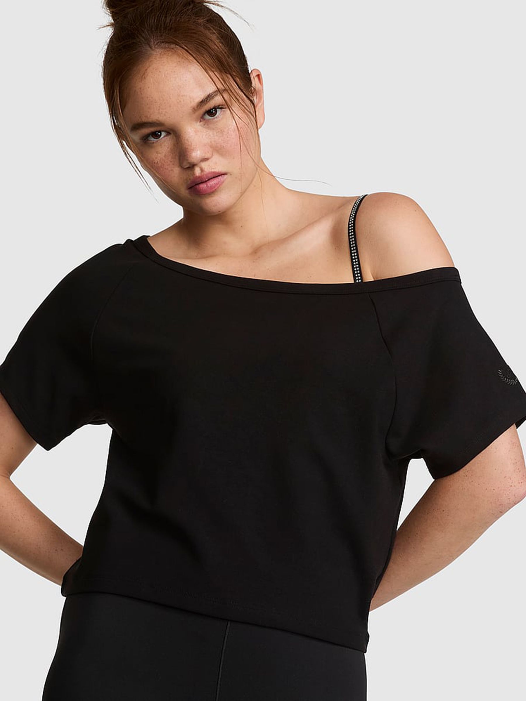 Black Cotton Off The Shoulder T-Shirt - Image 1 of 2