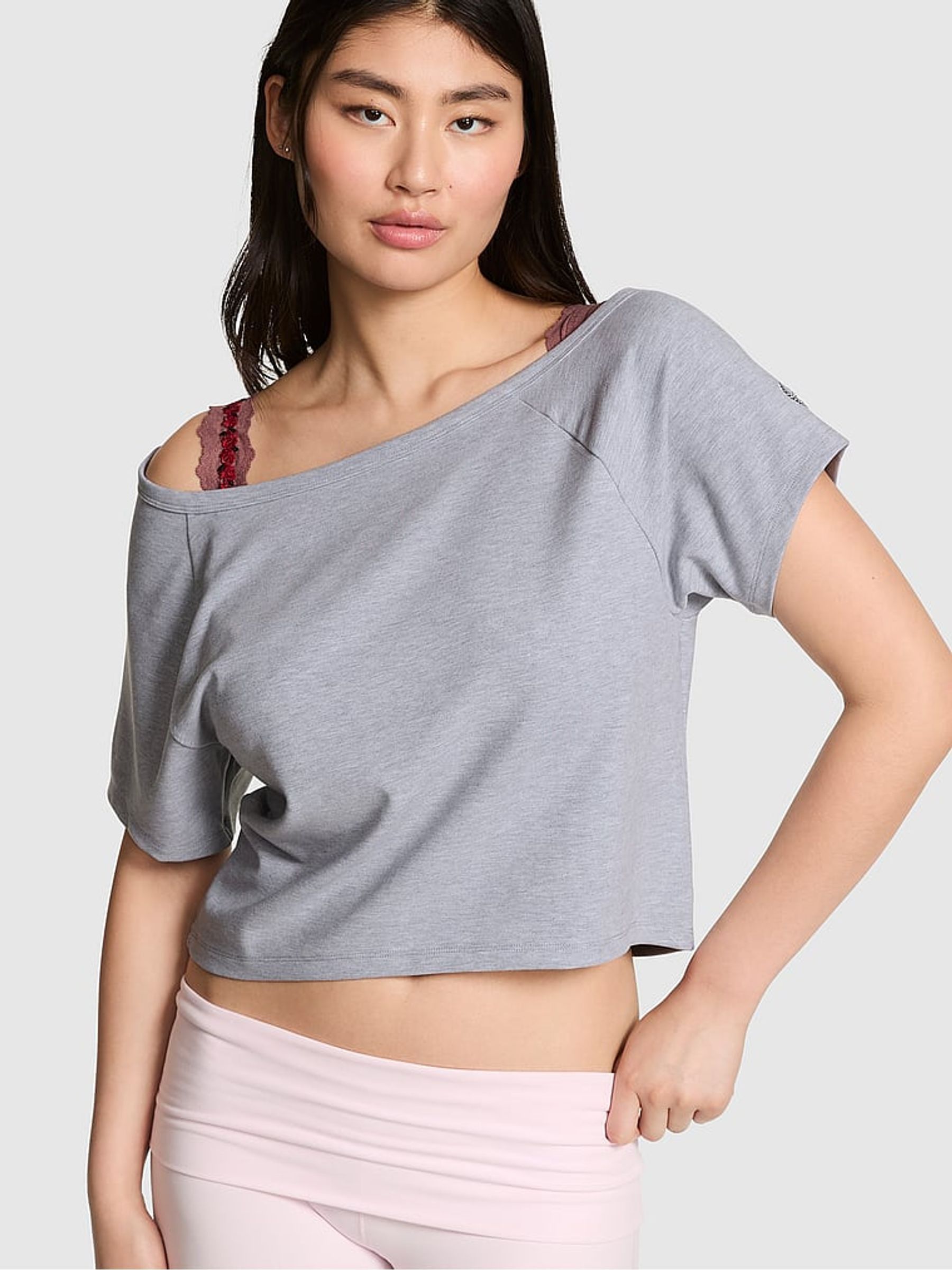 Medium Heather Grey Cotton Off The Shoulder T-Shirt - Image 1 of 2