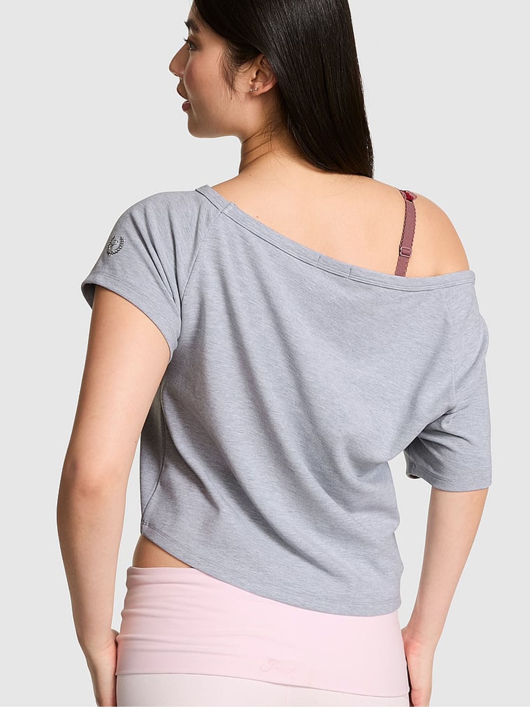 Medium Heather Grey Cotton Off The Shoulder T-Shirt - Image 2 of 2 Medium Heather Grey Cotton Off The Shoulder T-Shirt - Image 2 of 2