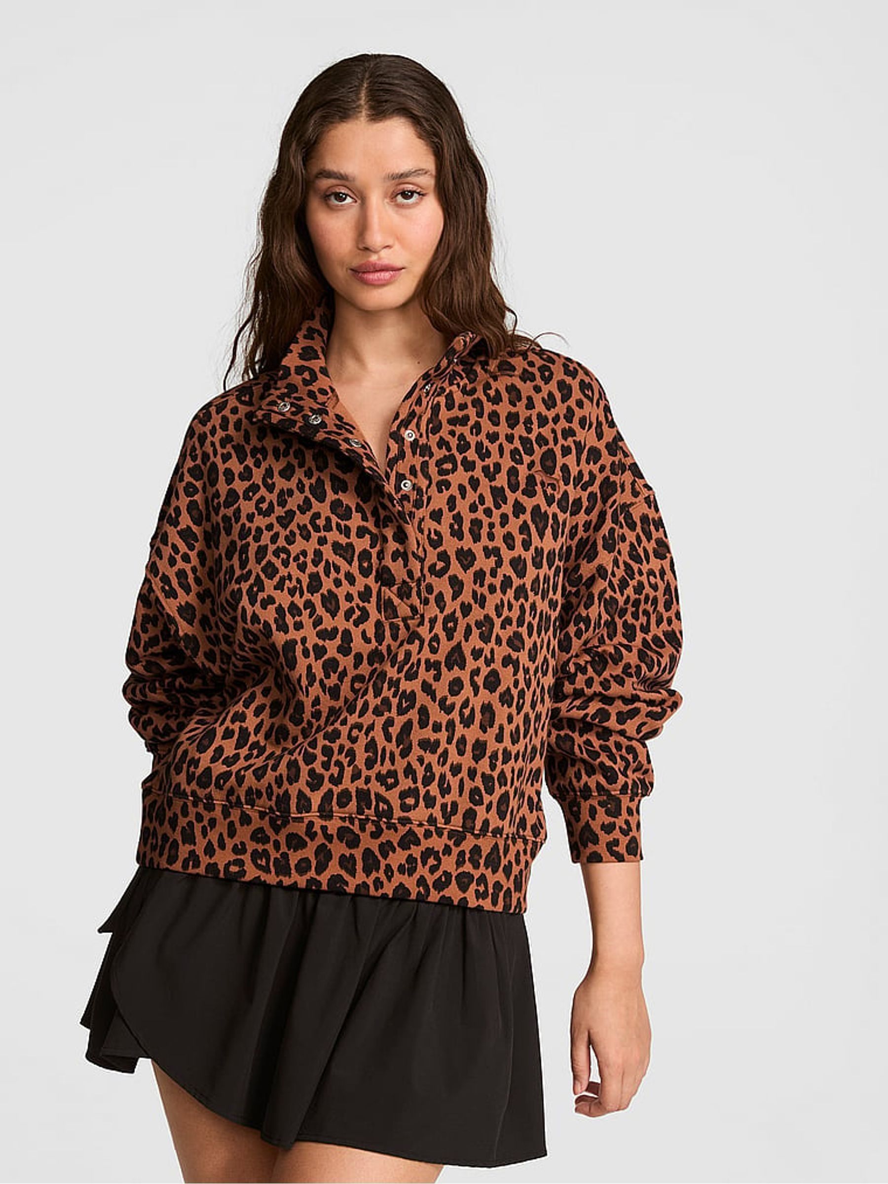 Leopard Brown Snap Front Sweatshirt - Image 1 of 2 Leopard Brown Snap Front Sweatshirt - Image 1 of 2