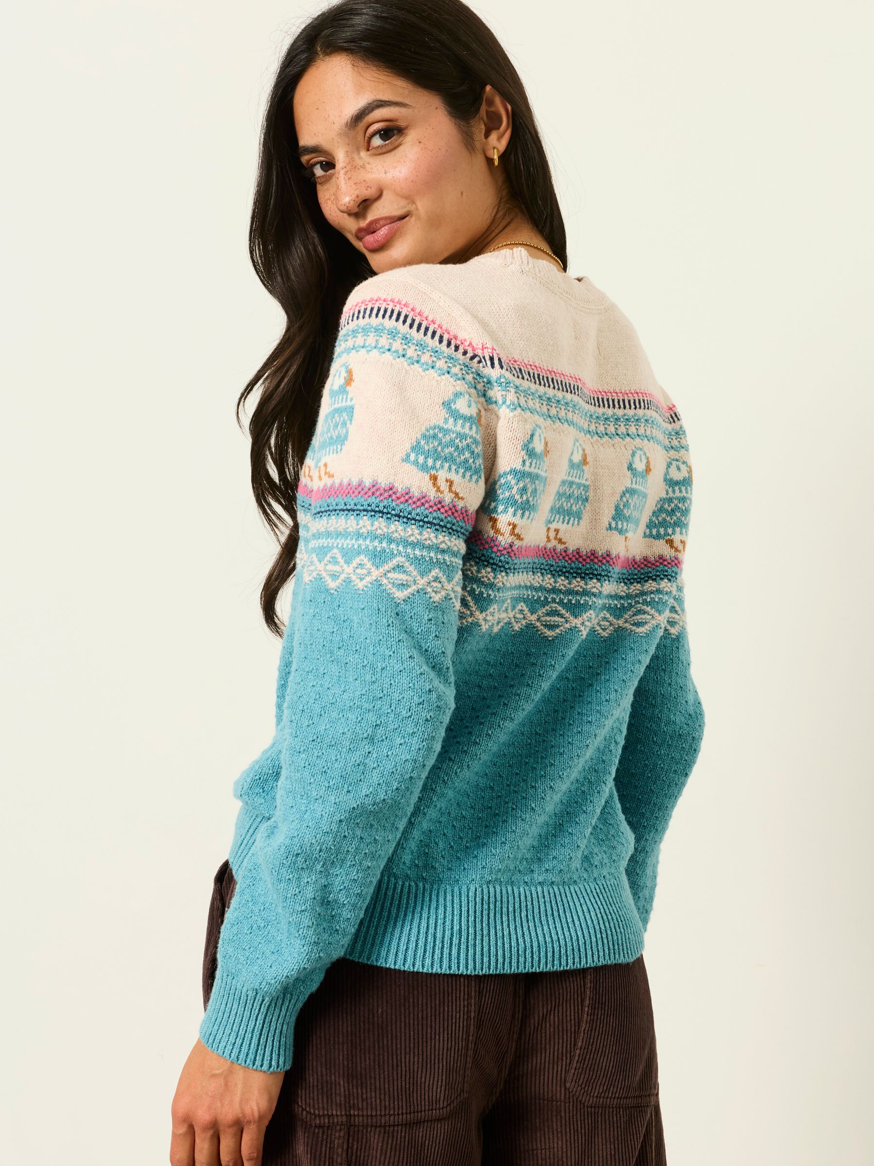 Puffin Light Teal Fairisle Knitted Crew Neck Christmas Jumper - Image 2 of 6