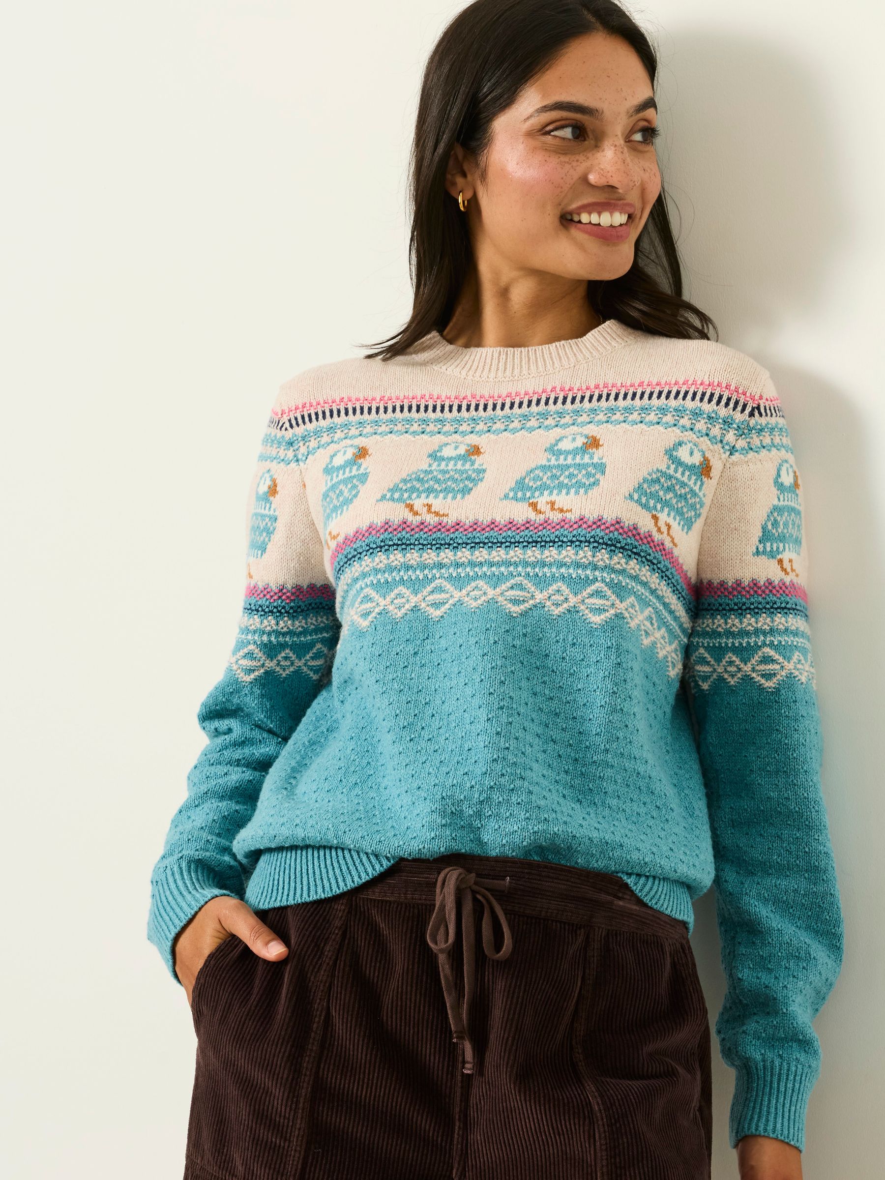 Puffin Light Teal Fairisle Knitted Crew Neck Christmas Jumper - Image 3 of 6