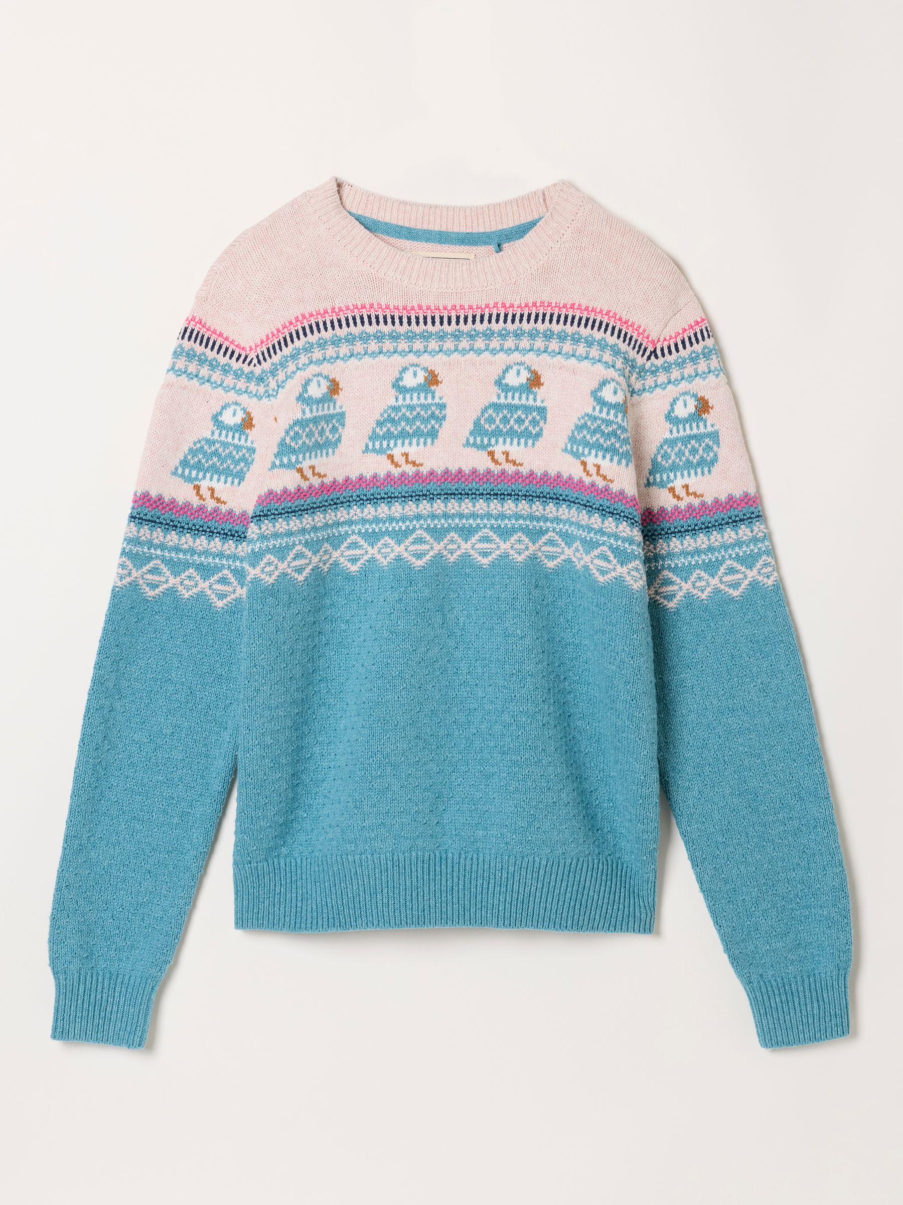 Puffin Light Teal Fairisle Knitted Crew Neck Christmas Jumper - Image 6 of 6