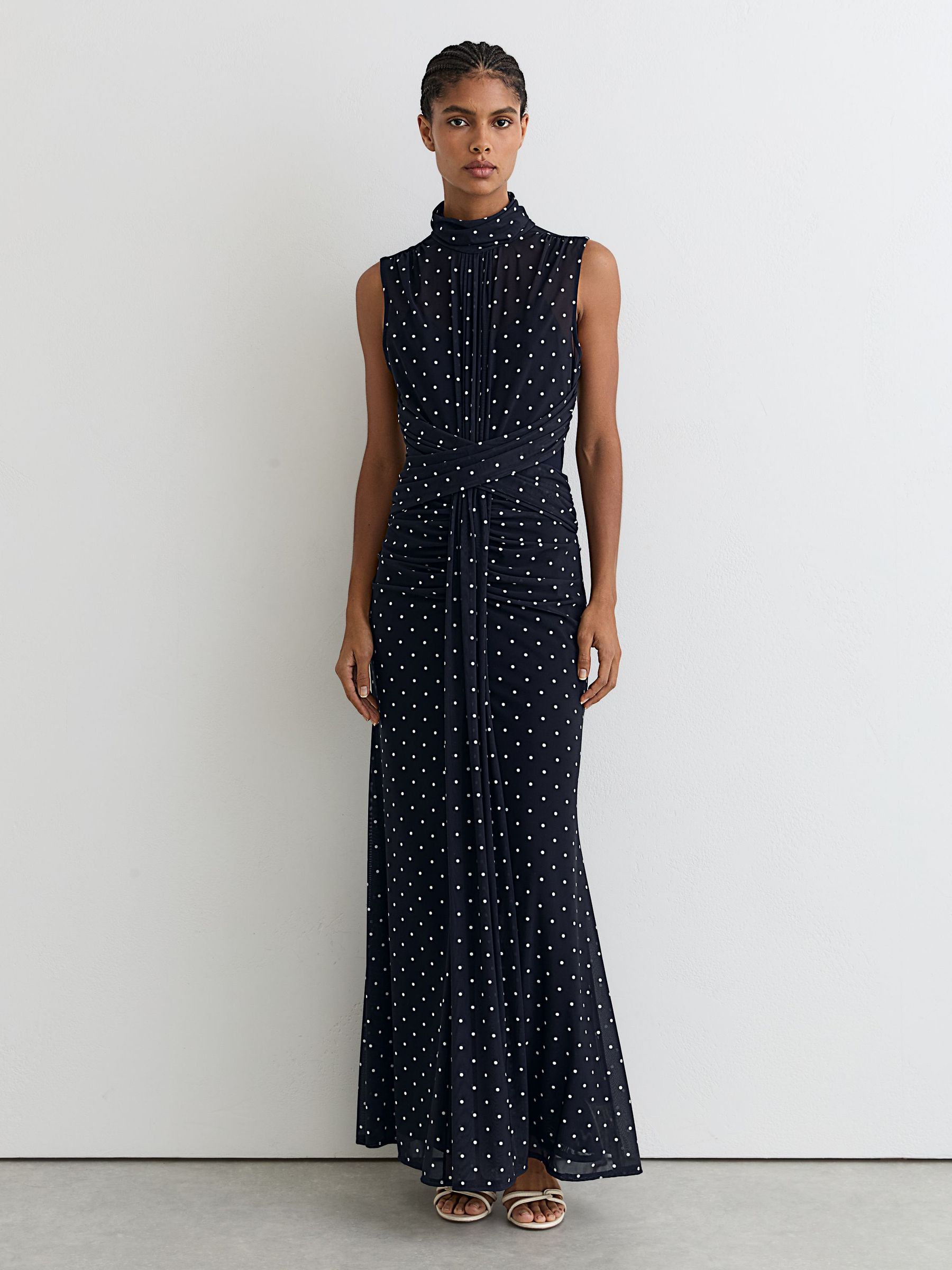 Petite Polka-Dot Print Sleeveless Maxi Dress in Navy/Ivory - Image 1 of 8