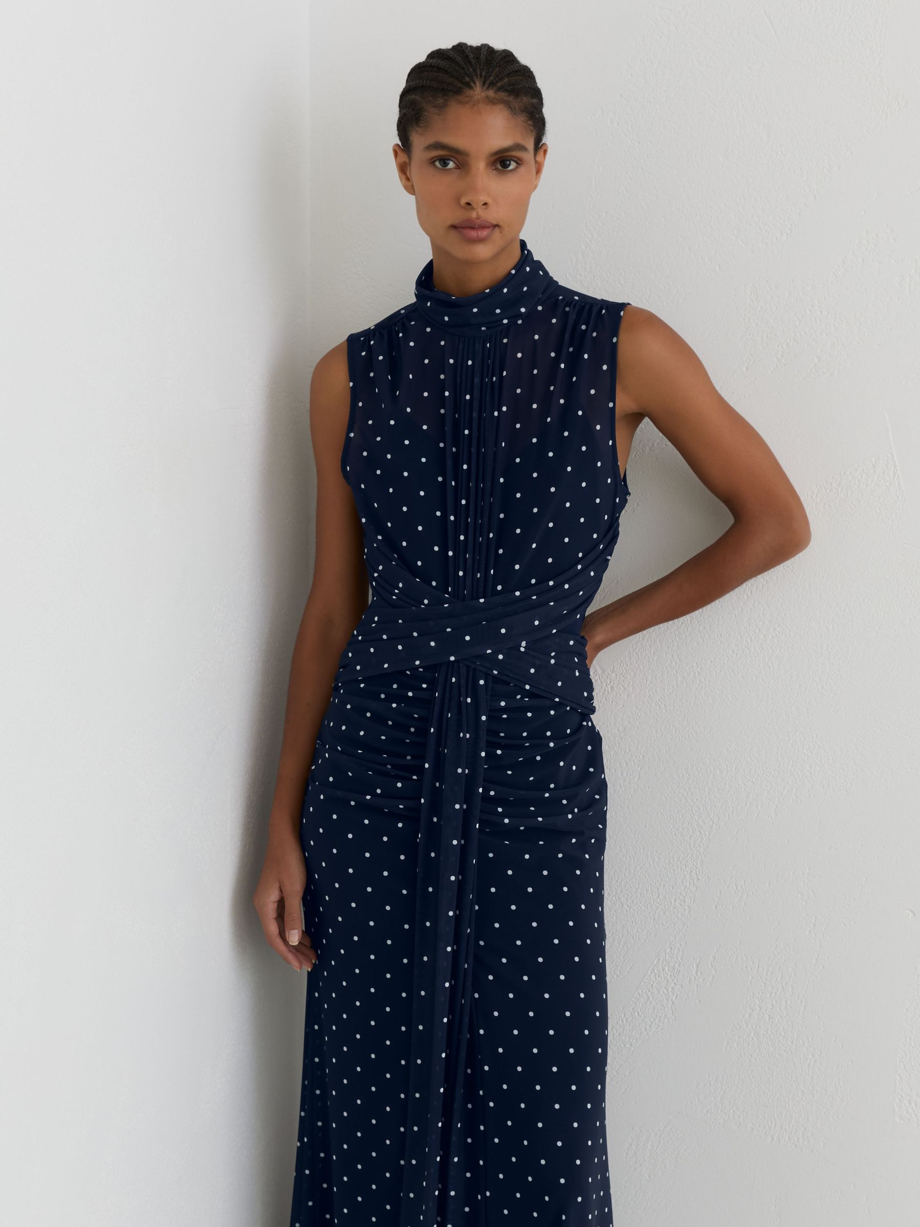 Petite Polka-Dot Print Sleeveless Maxi Dress in Navy/Ivory - Image 5 of 8