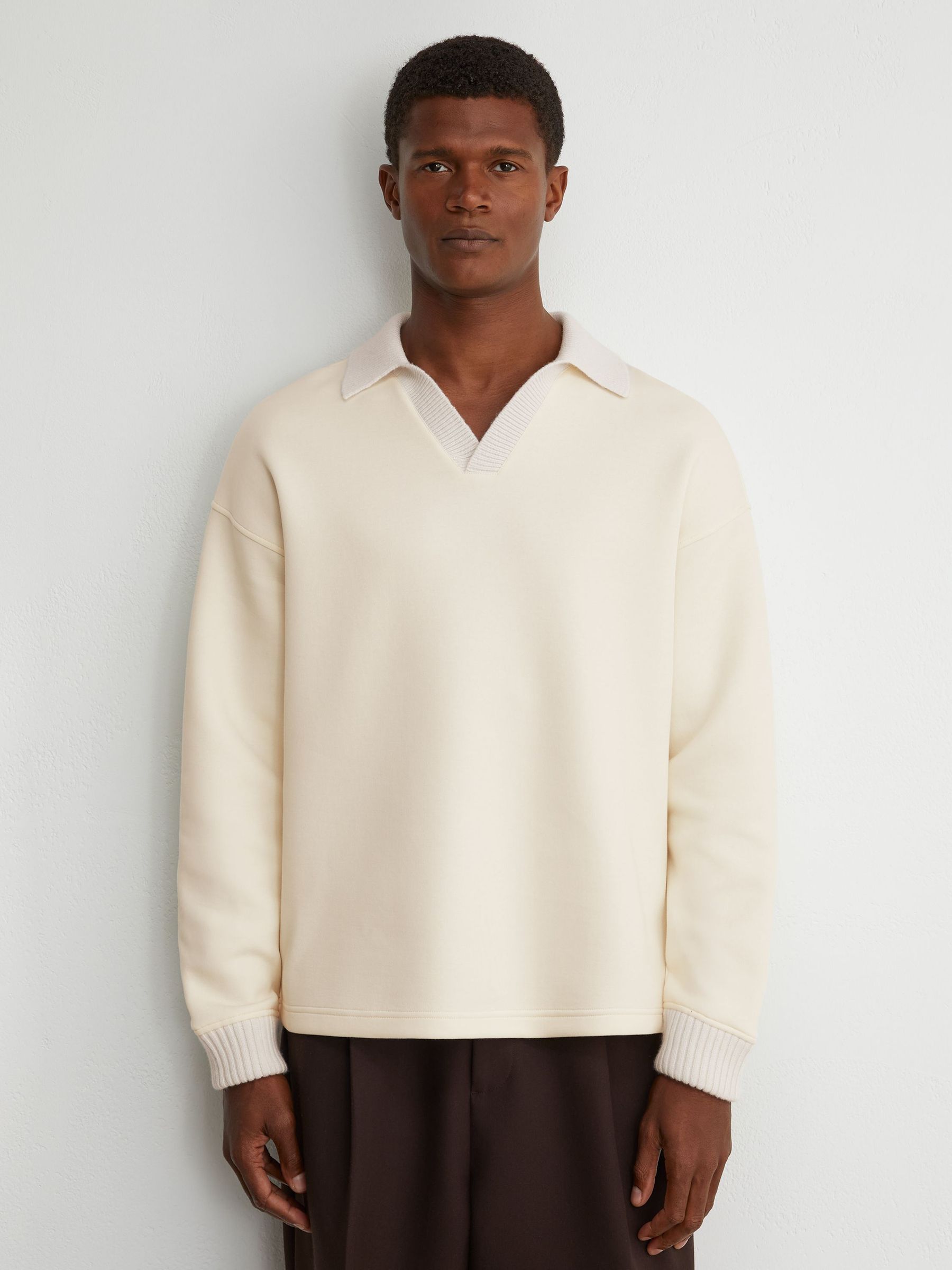 Premium Interlock Open-Collar Sweatshirt in Off White - Image 4 of 6