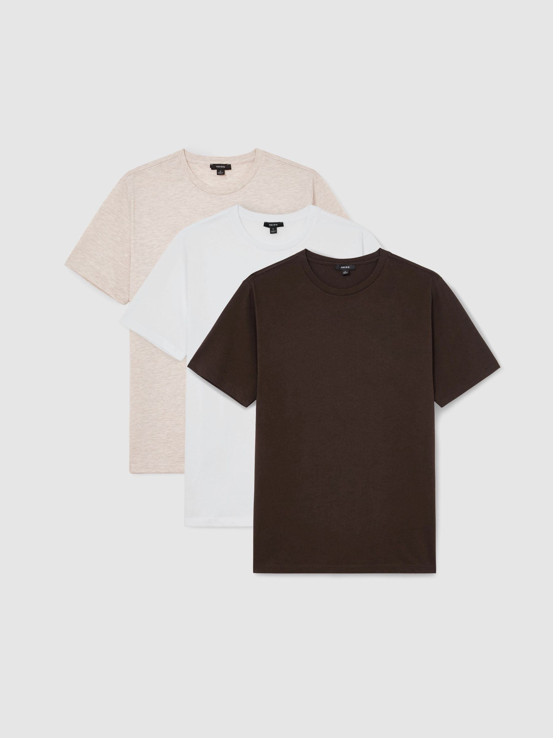 Lot de 3 T-shirts ajustés à col rond en coton, coloris blanc/blé chiné/marron coco - Image 1 de 5 Lot de 3 T-shirts ajustés à col rond en coton, coloris blanc/blé chiné/marron coco - Image 1 de 5
