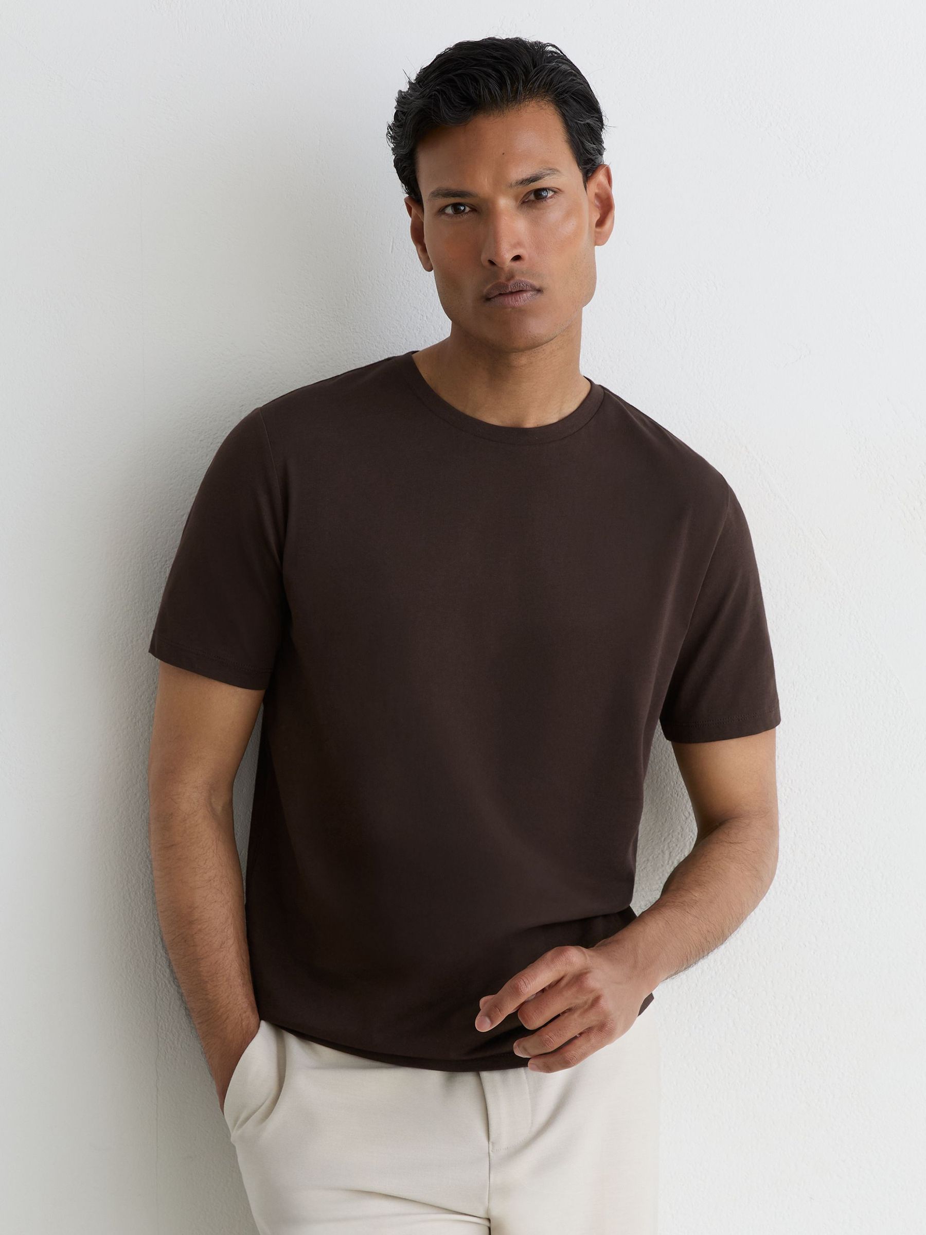 Lot de 3 T-shirts ajustés à col rond en coton, coloris blanc/blé chiné/marron coco - Image 2 de 5