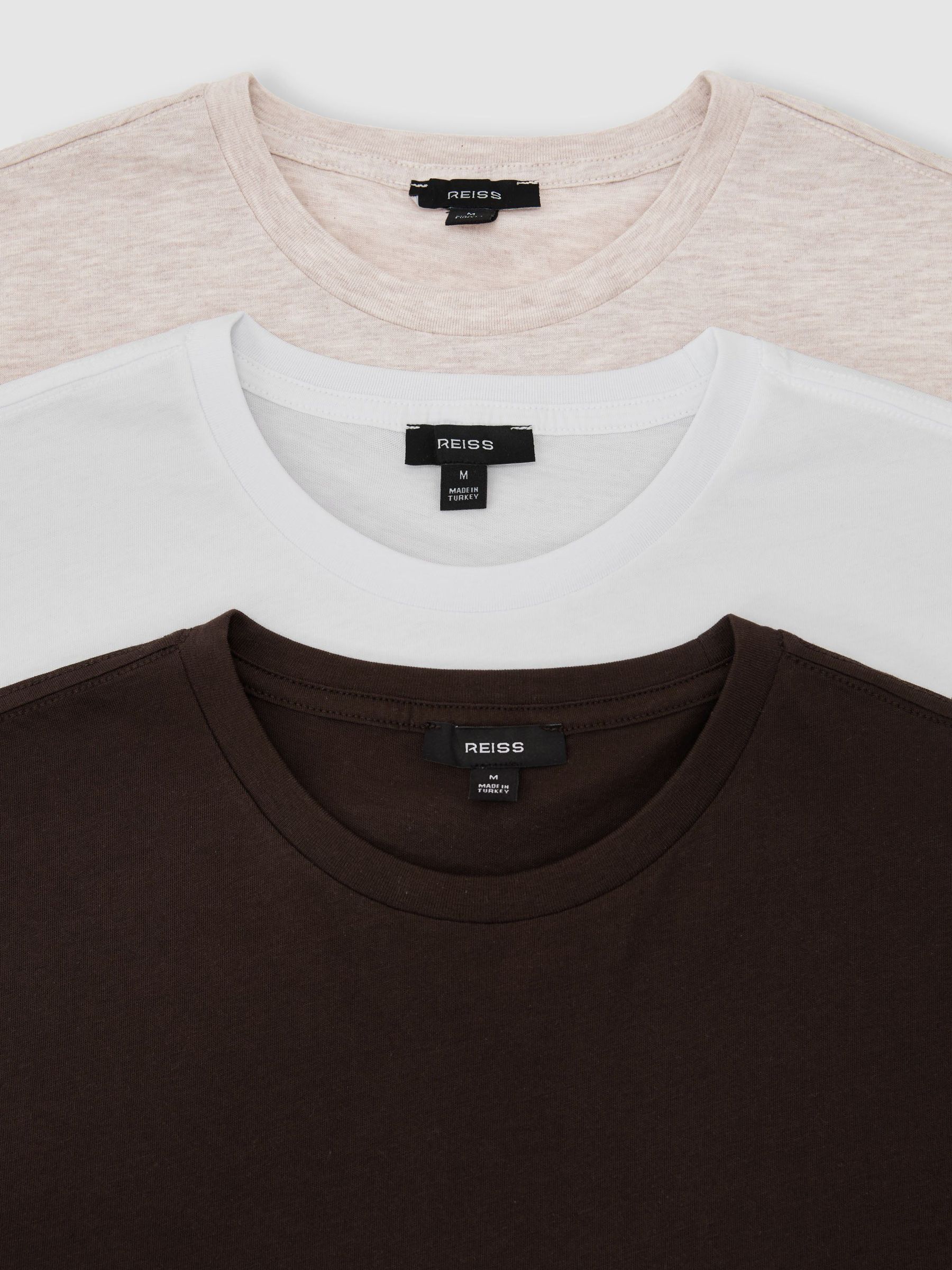 Cotton Crew-Neck Tailored-Fit T-Shirts 3-Pack in White/Wheat Melange/Coco Brown - Image 6 of 6