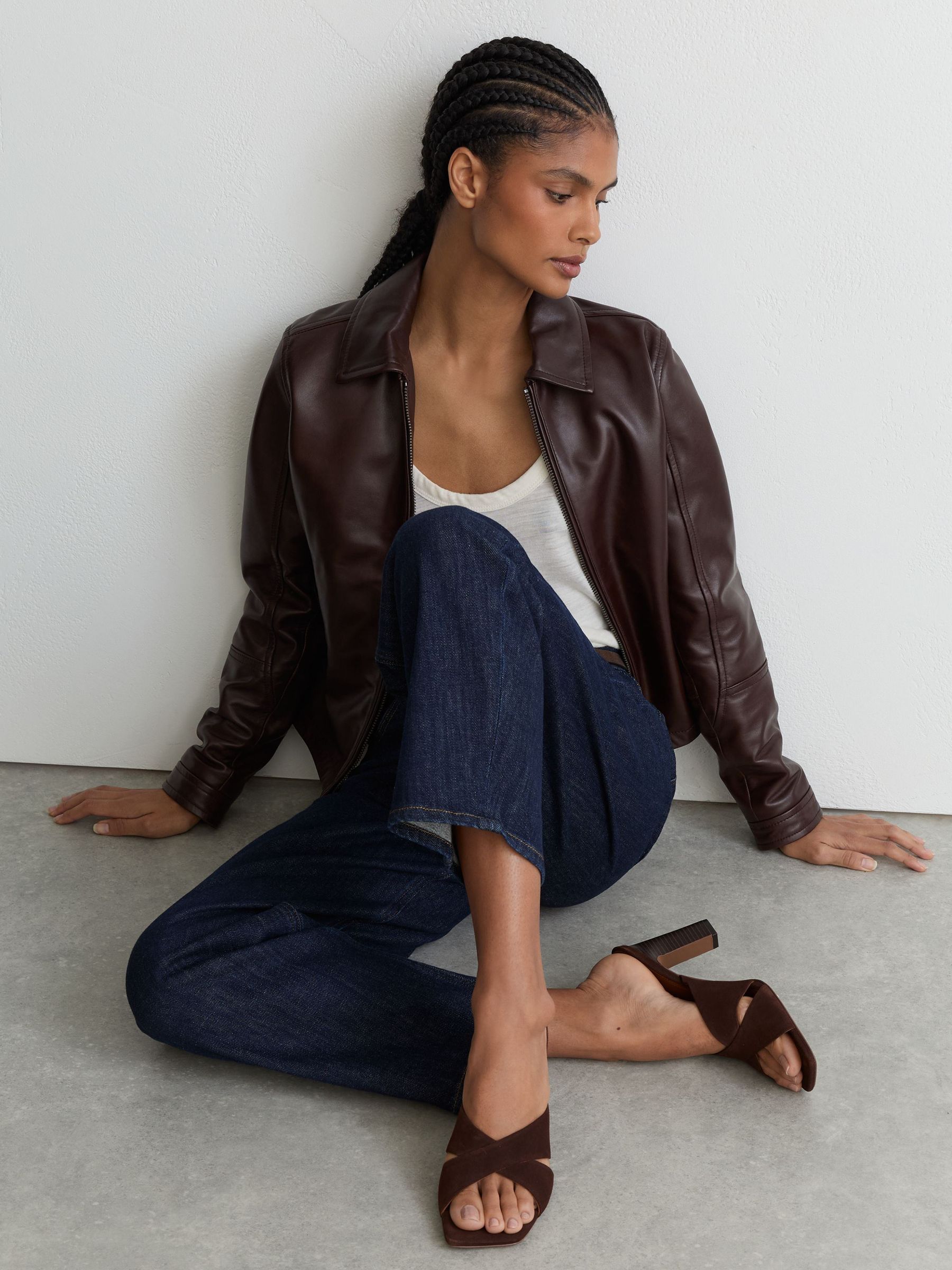 Suede Cross-Strap Block-Heel Mules in Chocolate - Image 1 of 5 Suede Cross-Strap Block-Heel Mules in Chocolate - Image 1 of 5