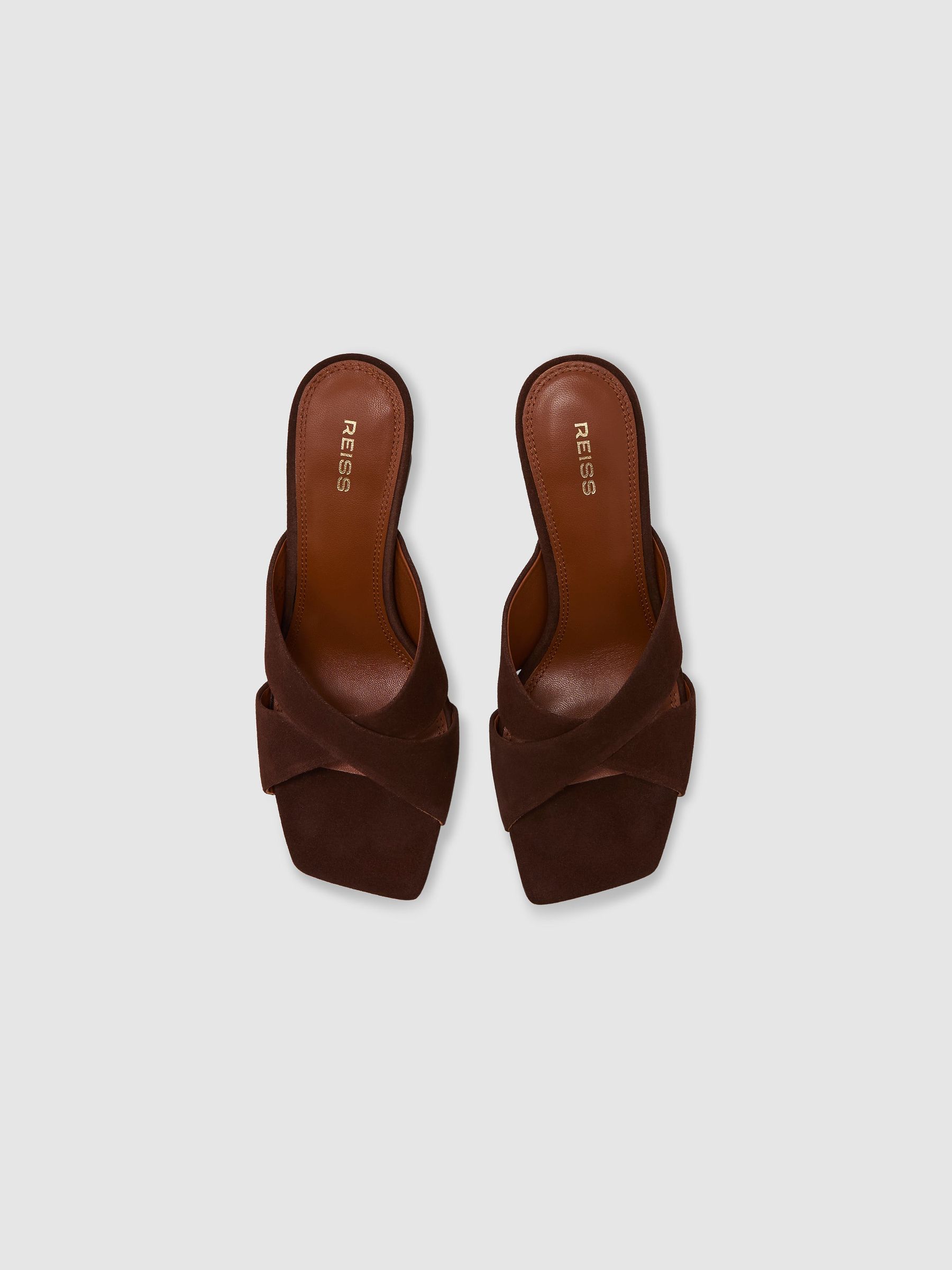 Suede Cross-Strap Block-Heel Mules in Chocolate - Image 3 of 5