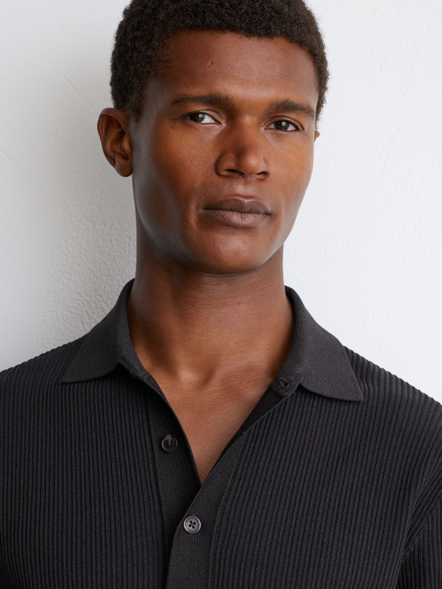 Ribbed Half-Button Polo Shirt in Dark Green - Image 1 of 7