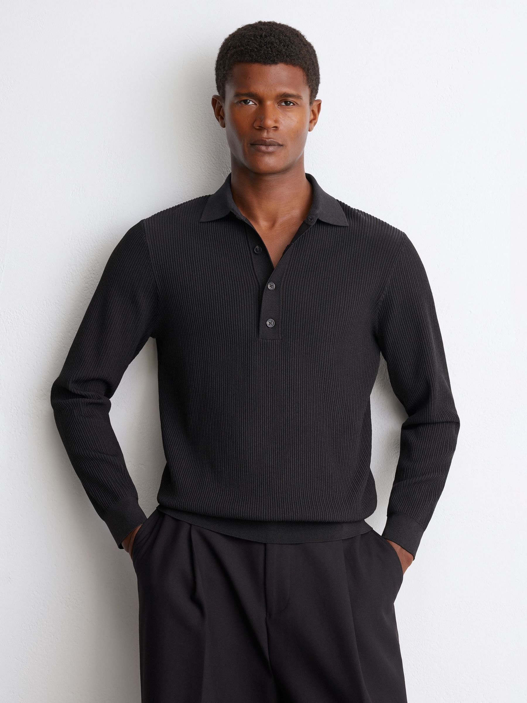 Ribbed Half-Button Polo Shirt in Dark Green - Image 3 of 7