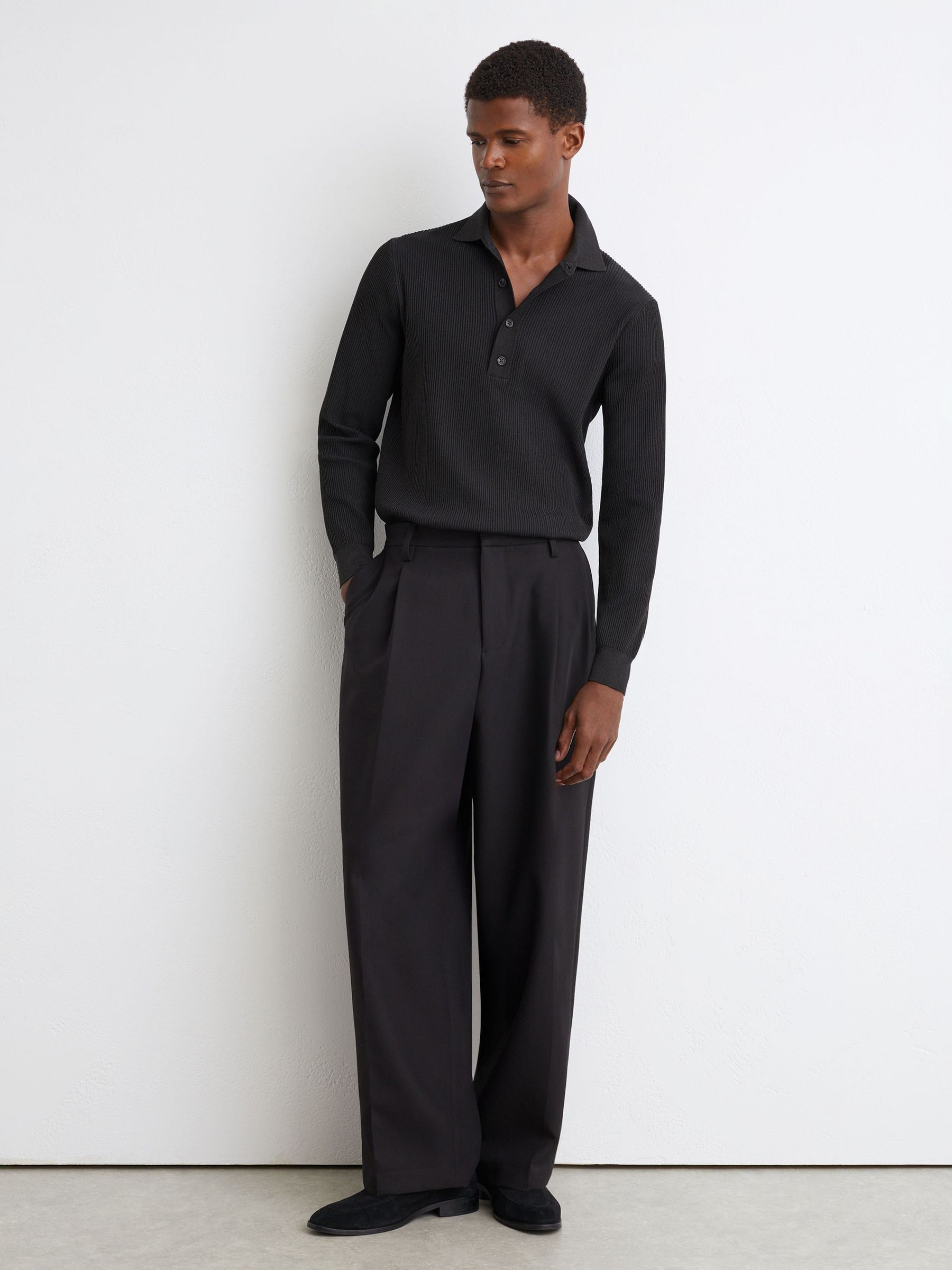 Ribbed Half-Button Polo Shirt in Dark Green - Image 4 of 7