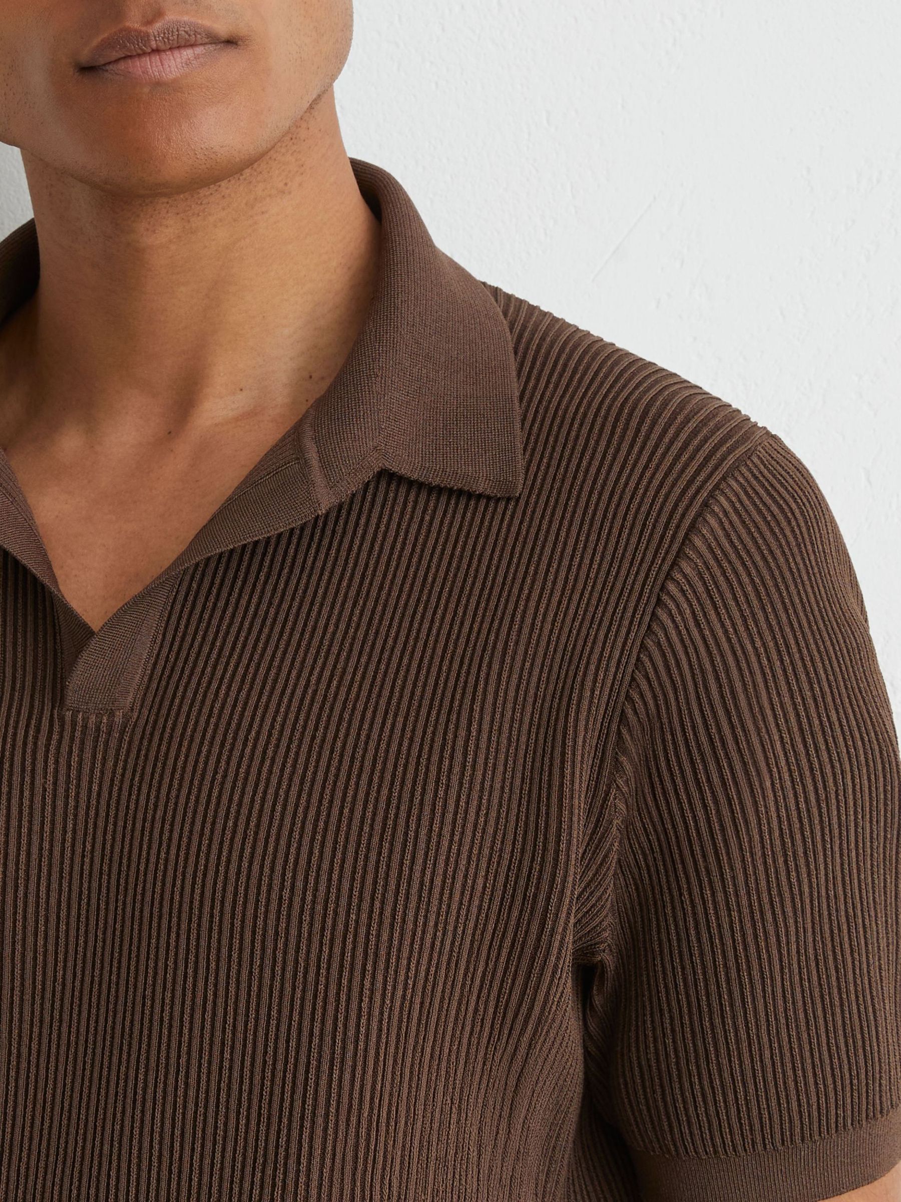 Rib-Knit Open-Collar Polo Shirt in Chocolate Brown - Image 1 of 6