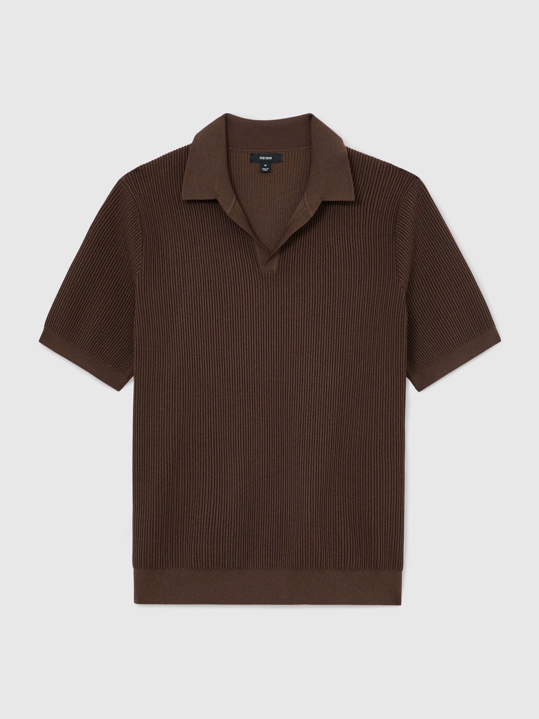 Rib-Knit Open-Collar Polo Shirt in Chocolate Brown - Image 2 of 6