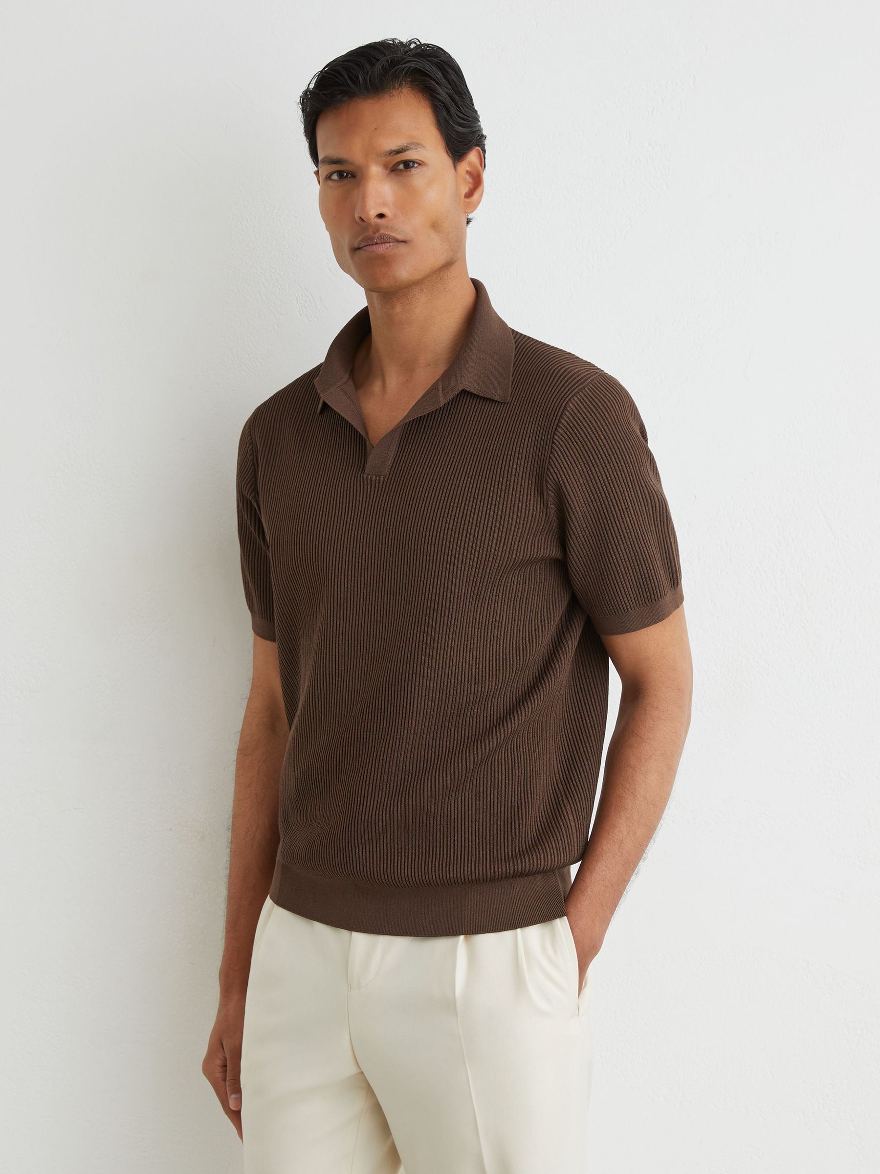 Rib-Knit Open-Collar Polo Shirt in Chocolate Brown - Image 3 of 6