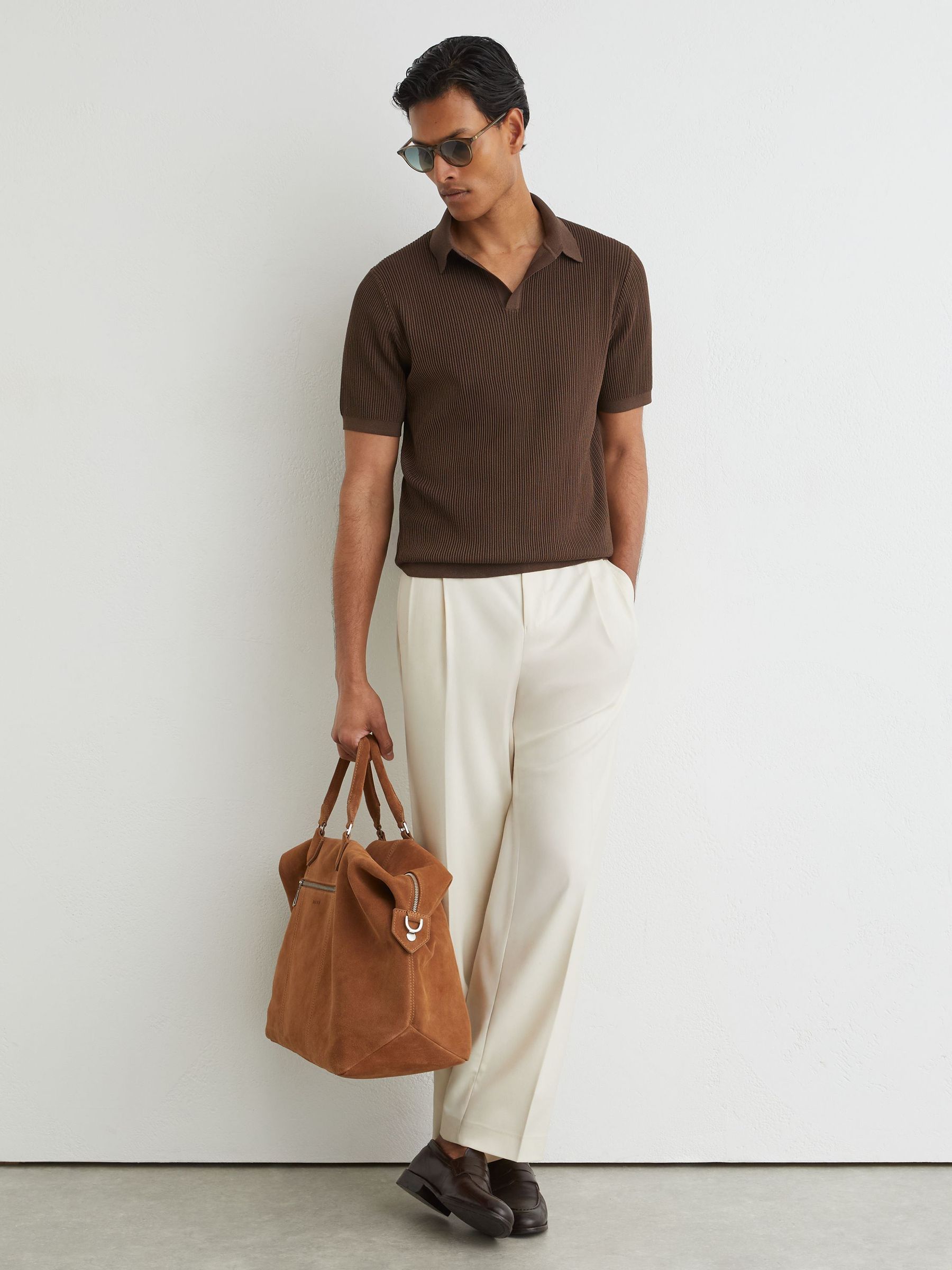 Rib-Knit Open-Collar Polo Shirt in Chocolate Brown - Image 4 of 6