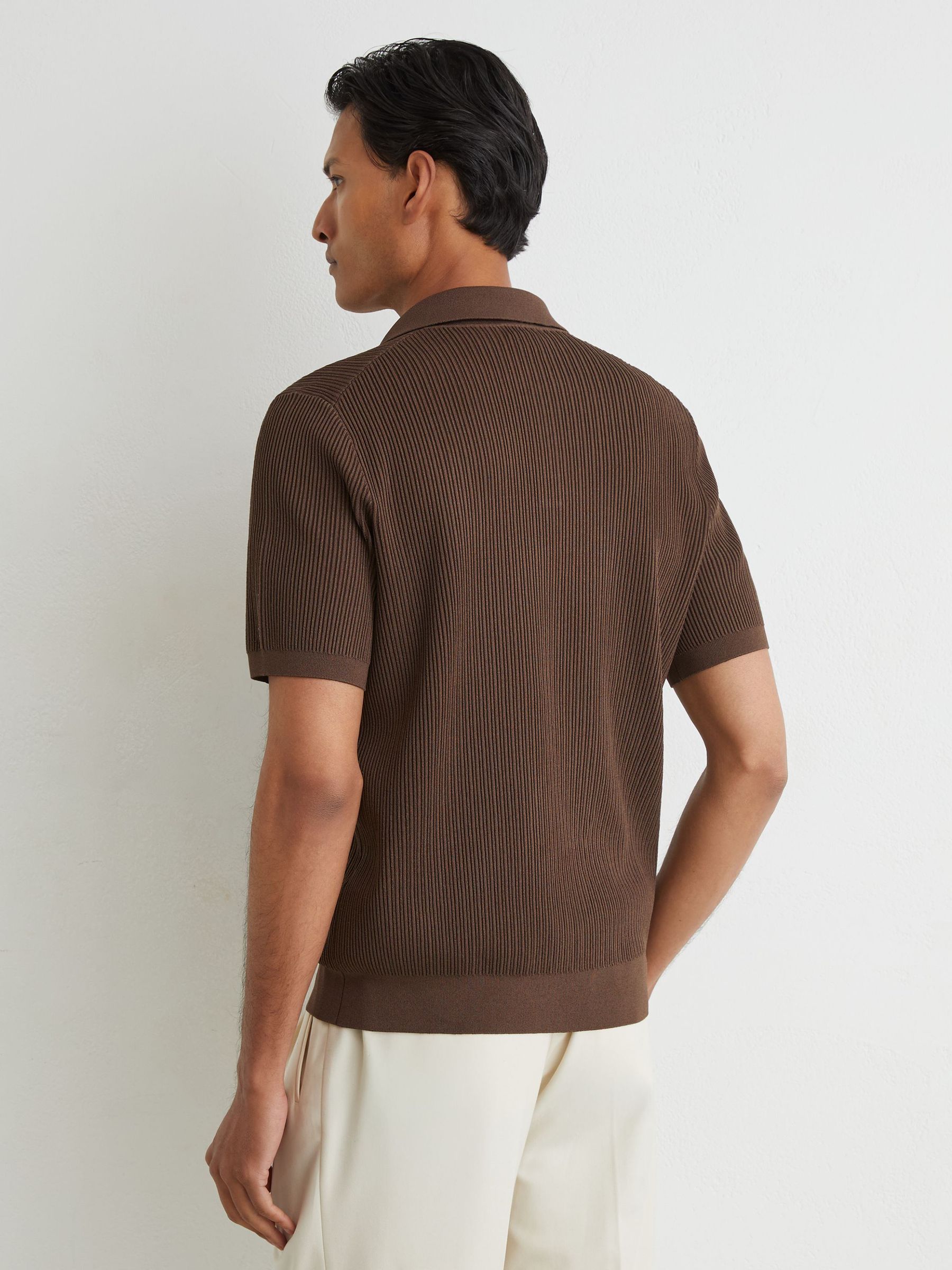 Rib-Knit Open-Collar Polo Shirt in Chocolate Brown - Image 5 of 6