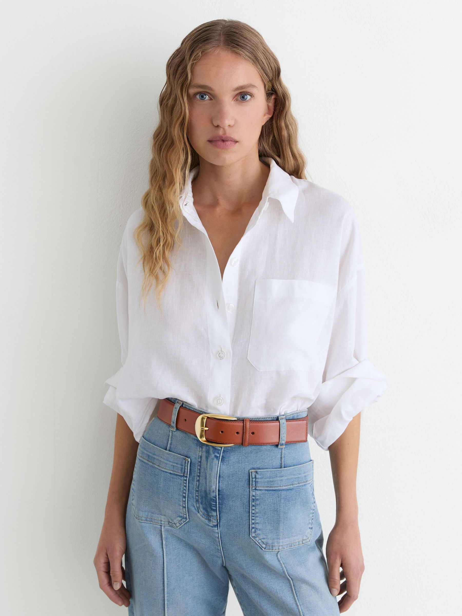 Leather Rounded-Buckle Belt in Tan - Image 1 of 5