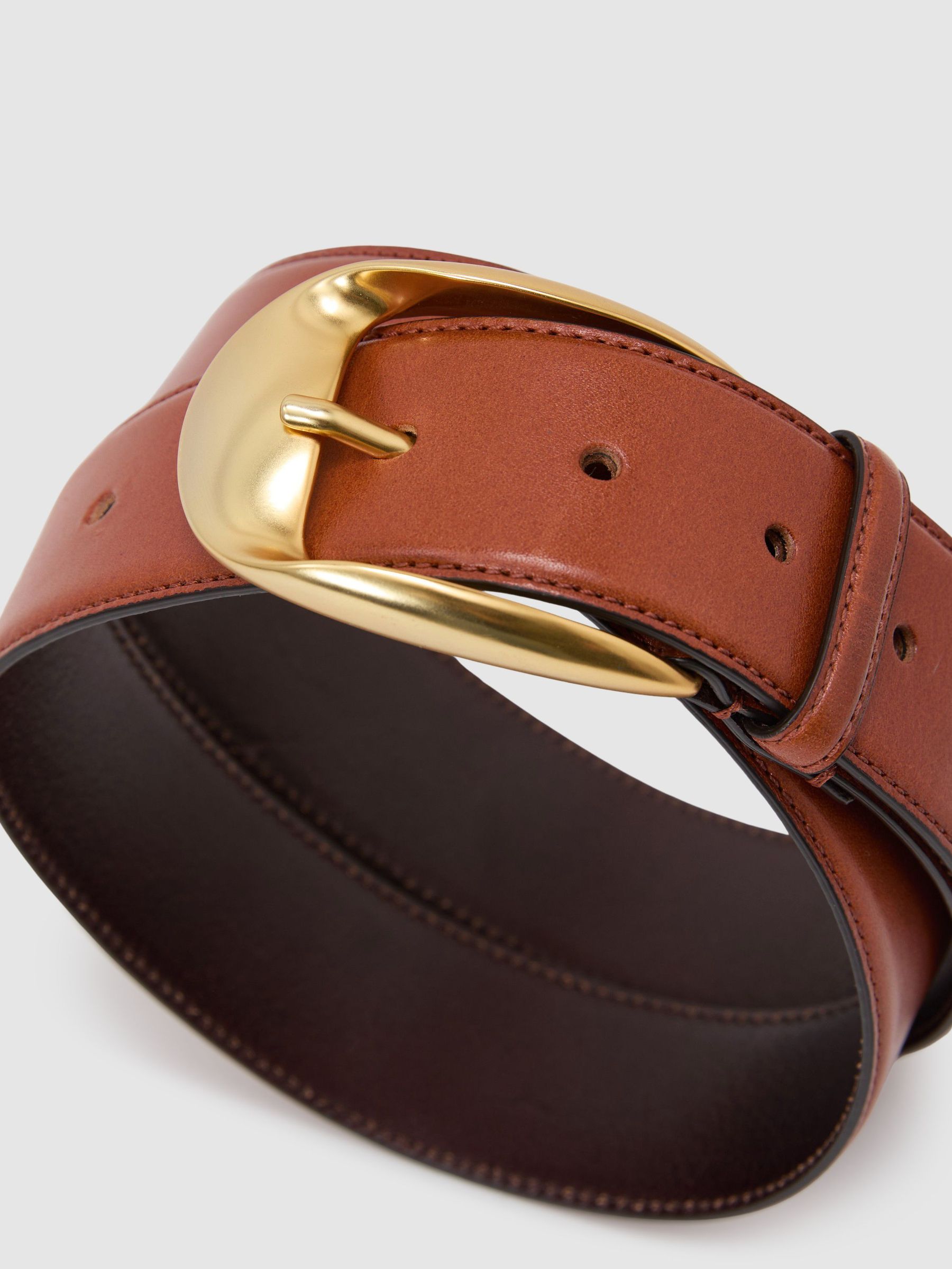 Leather Rounded-Buckle Belt in Tan - image 4