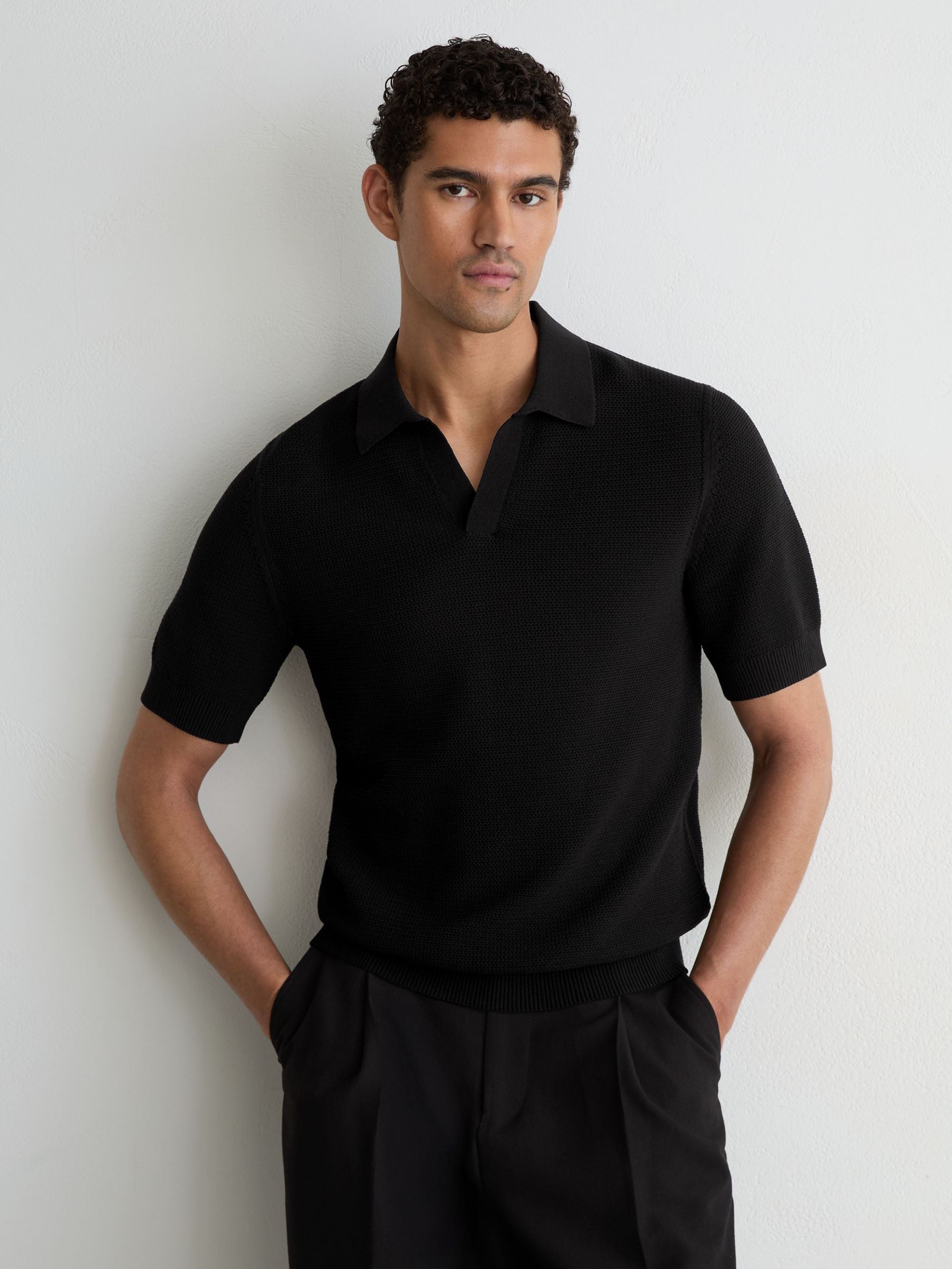 Cotton-Blend Basket-Stitch Open-Collar Polo Shirt in Black - Image 1 of 6