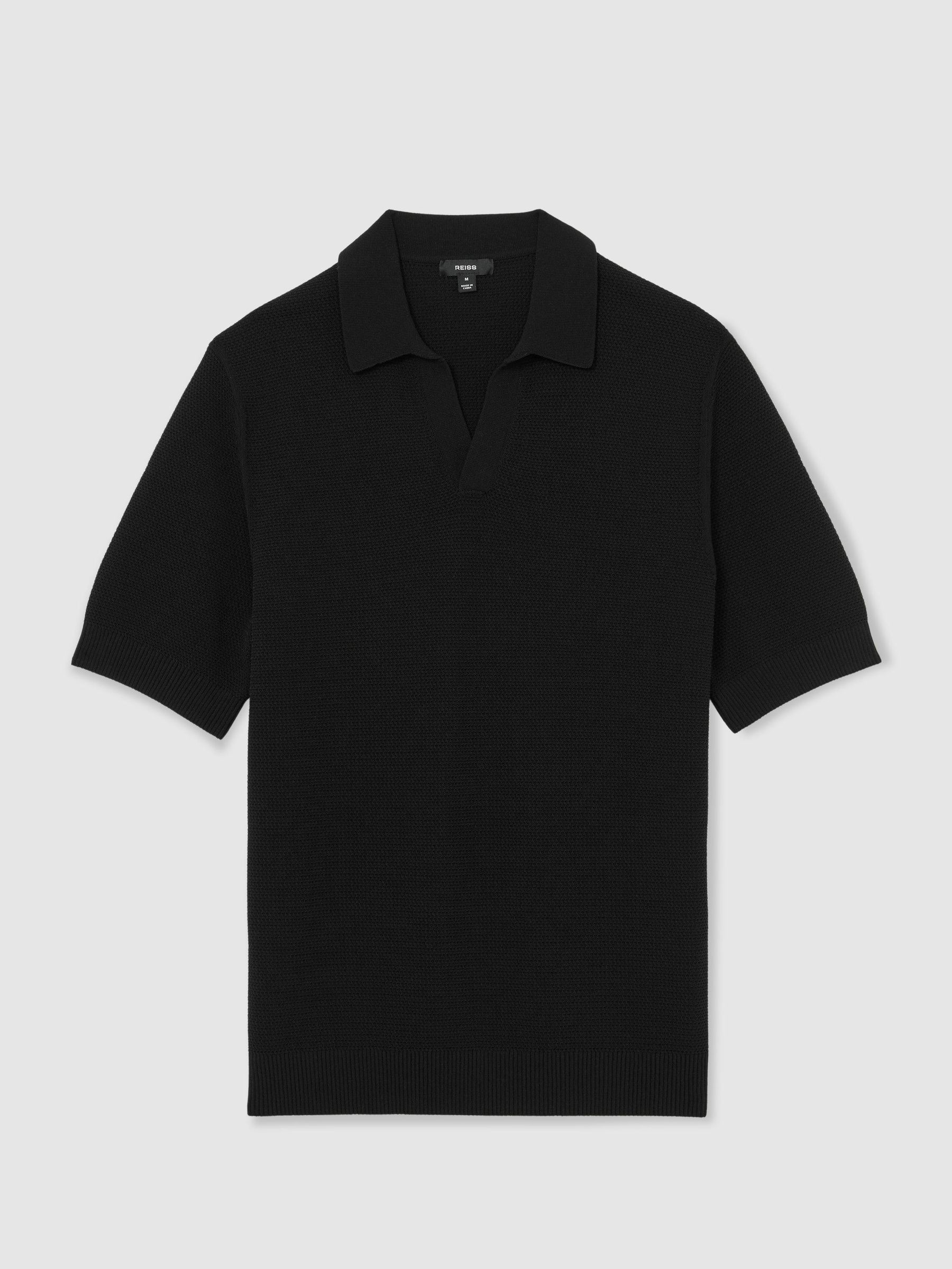 Cotton-Blend Basket-Stitch Open-Collar Polo Shirt in Black - Image 2 of 6 Cotton-Blend Basket-Stitch Open-Collar Polo Shirt in Black - Image 2 of 6