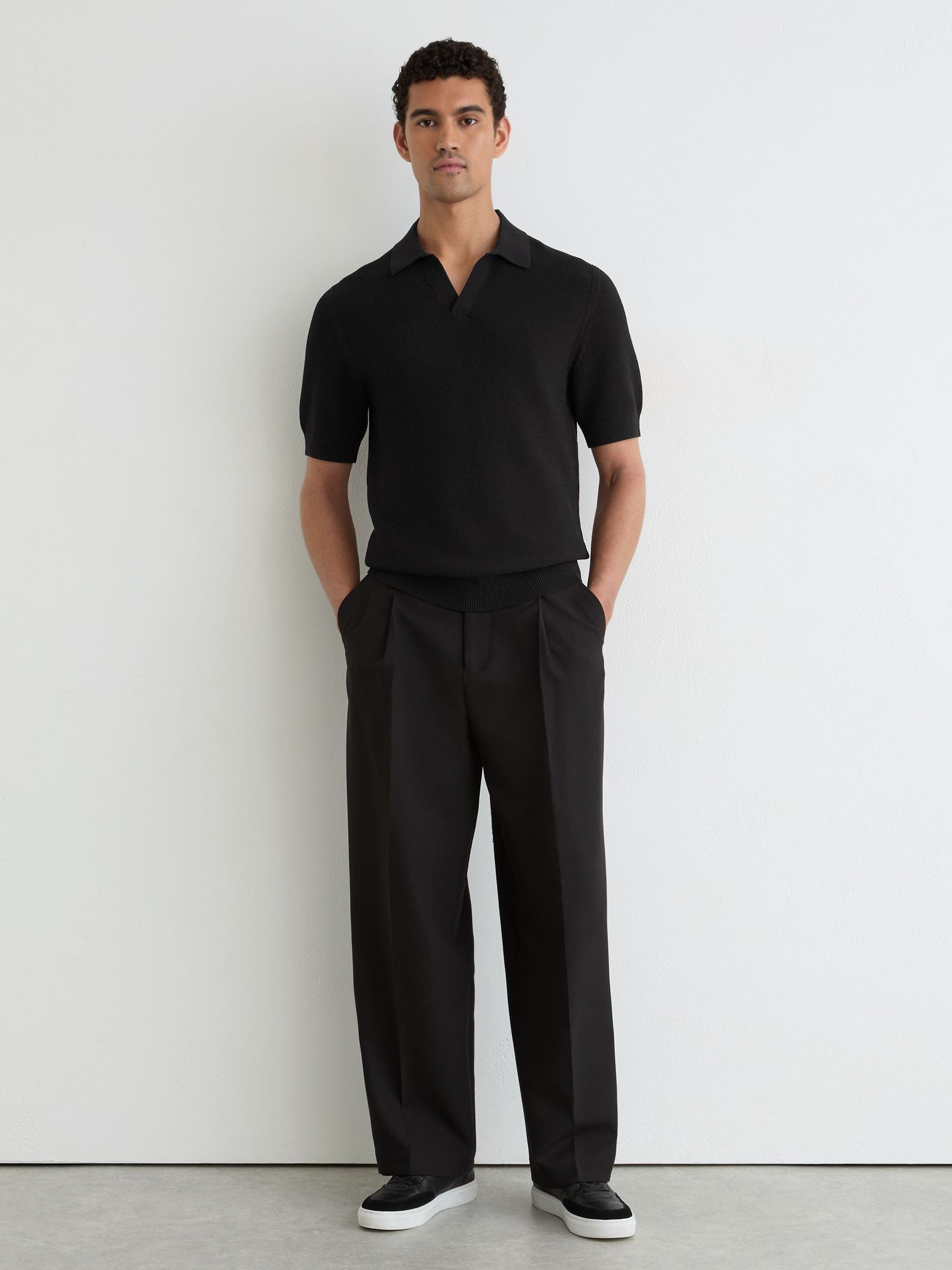 Cotton-Blend Basket-Stitch Open-Collar Polo Shirt in Black - Image 3 of 6