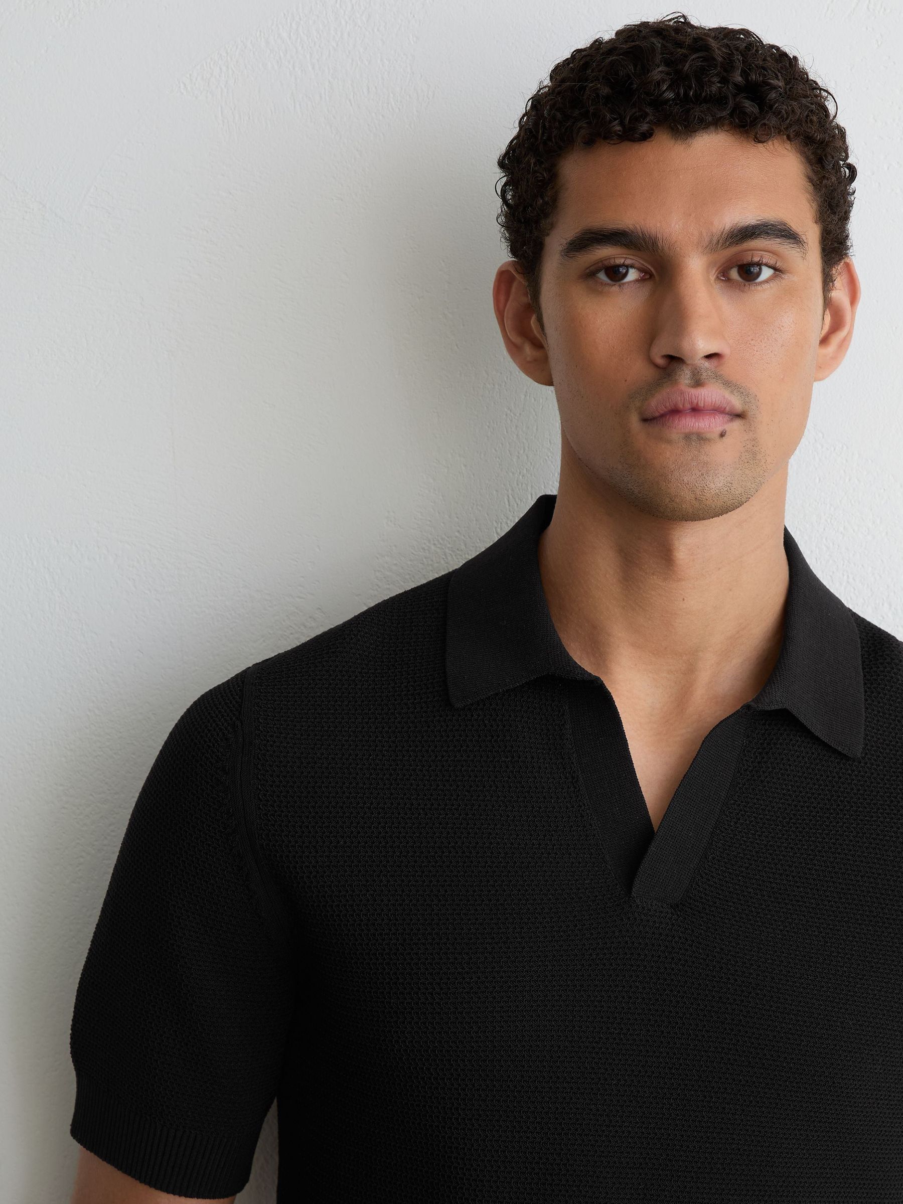 Cotton-Blend Basket-Stitch Open-Collar Polo Shirt in Black - Image 4 of 6