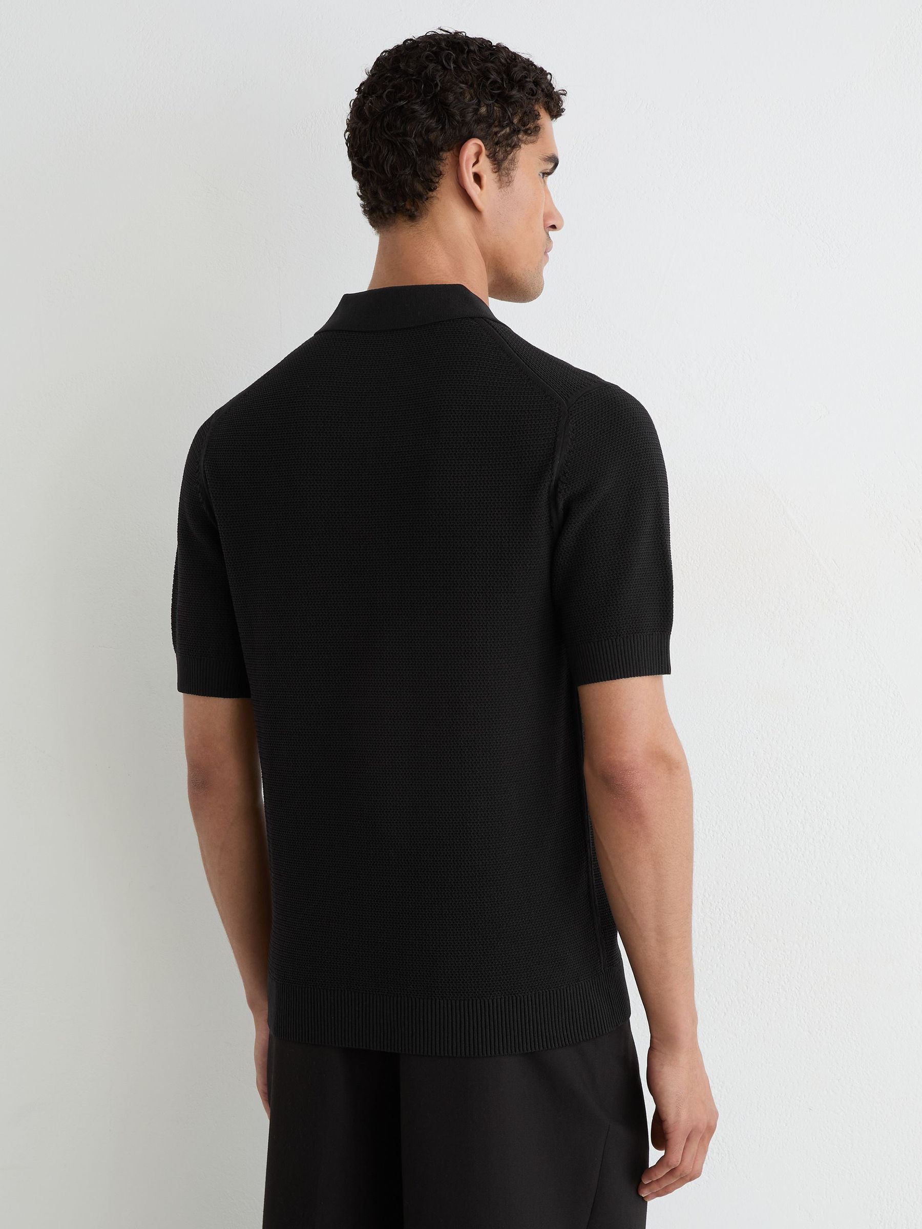 Cotton-Blend Basket-Stitch Open-Collar Polo Shirt in Black - Image 5 of 6