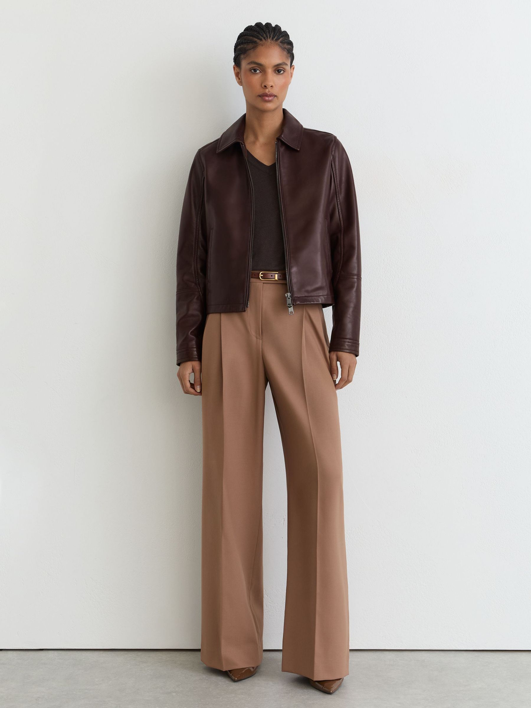 Leather Zip-Through Moto Jacket in Chocolate Brown - Image 1 of 10 Leather Zip-Through Moto Jacket in Chocolate Brown - Image 1 of 10