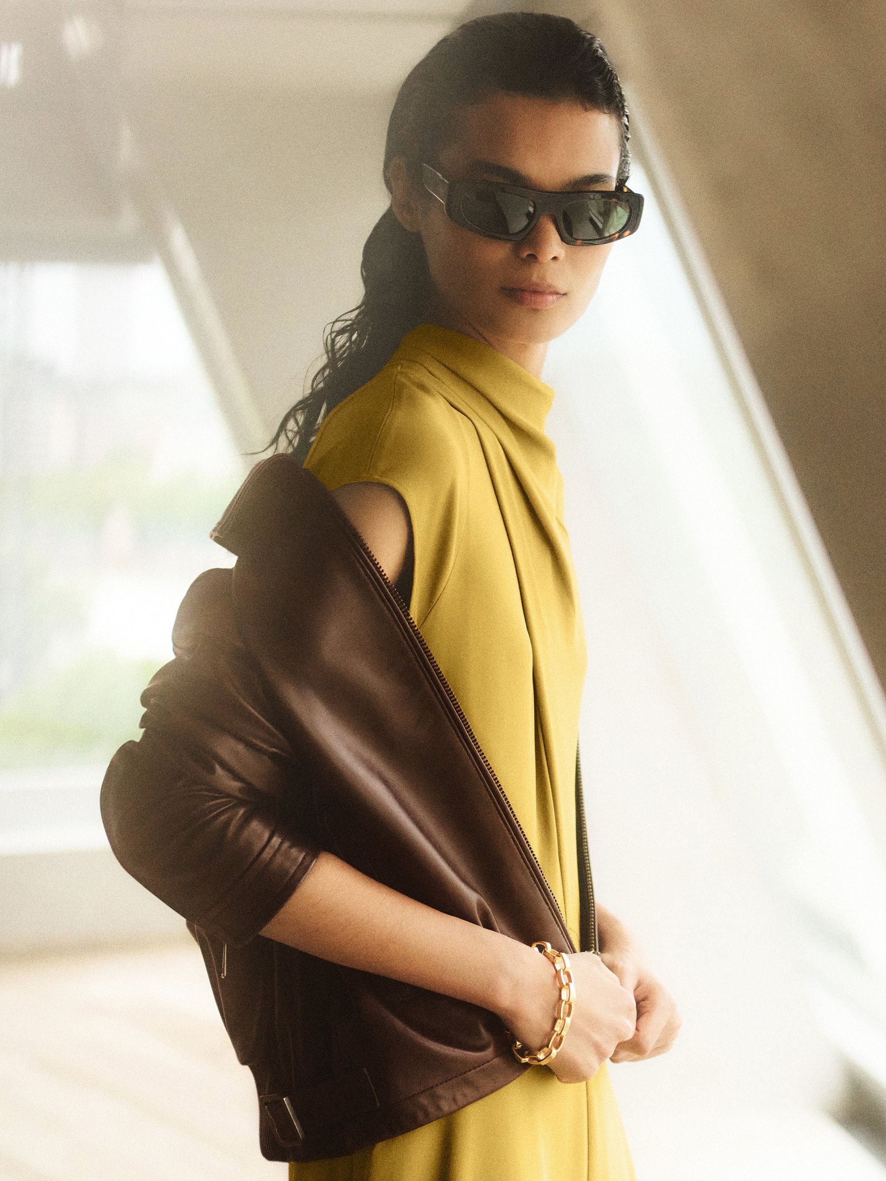 Leather Zip-Through Moto Jacket in Chocolate Brown - Image 3 of 10