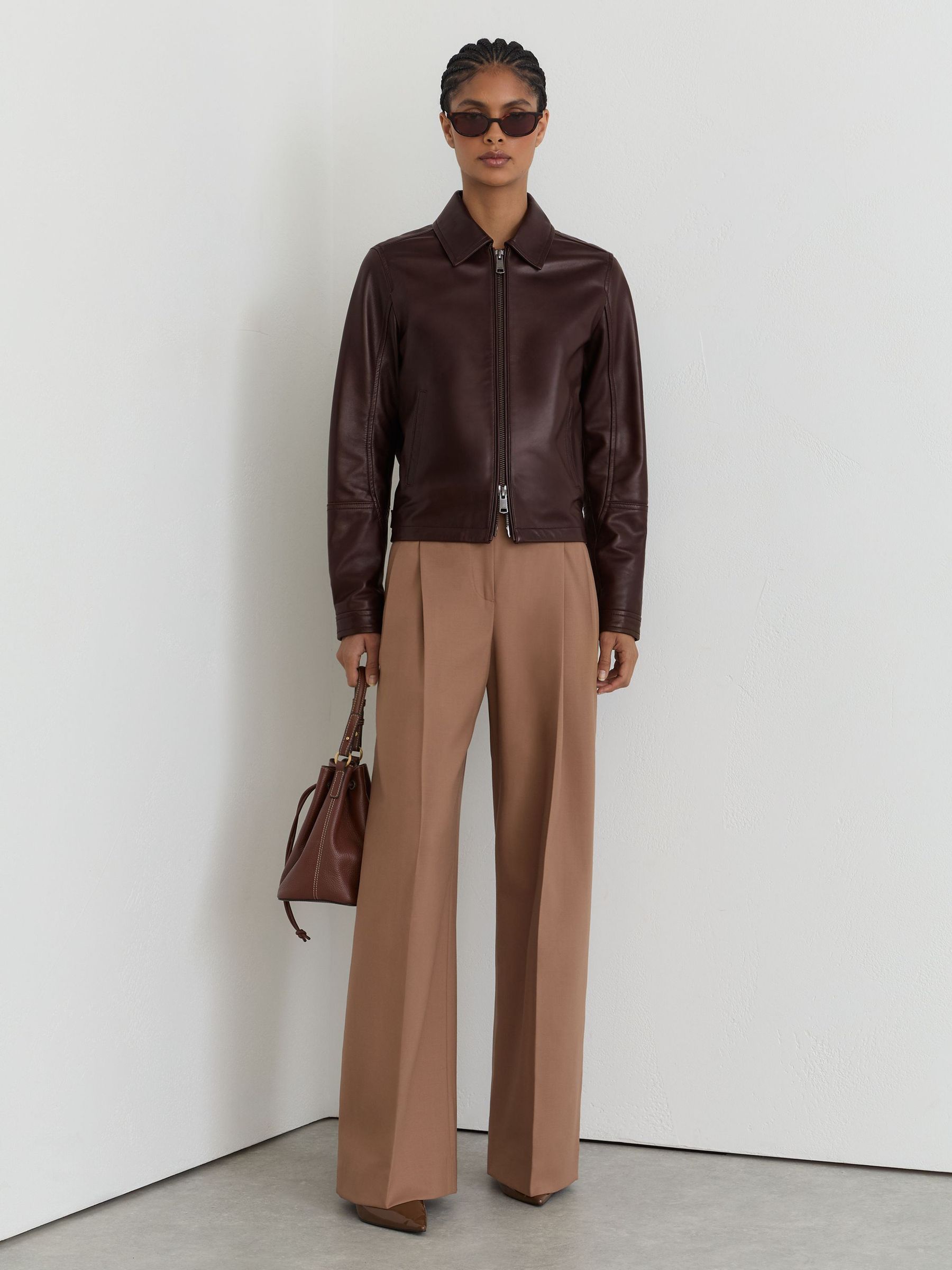 Leather Zip-Through Moto Jacket in Chocolate Brown - Image 4 of 10
