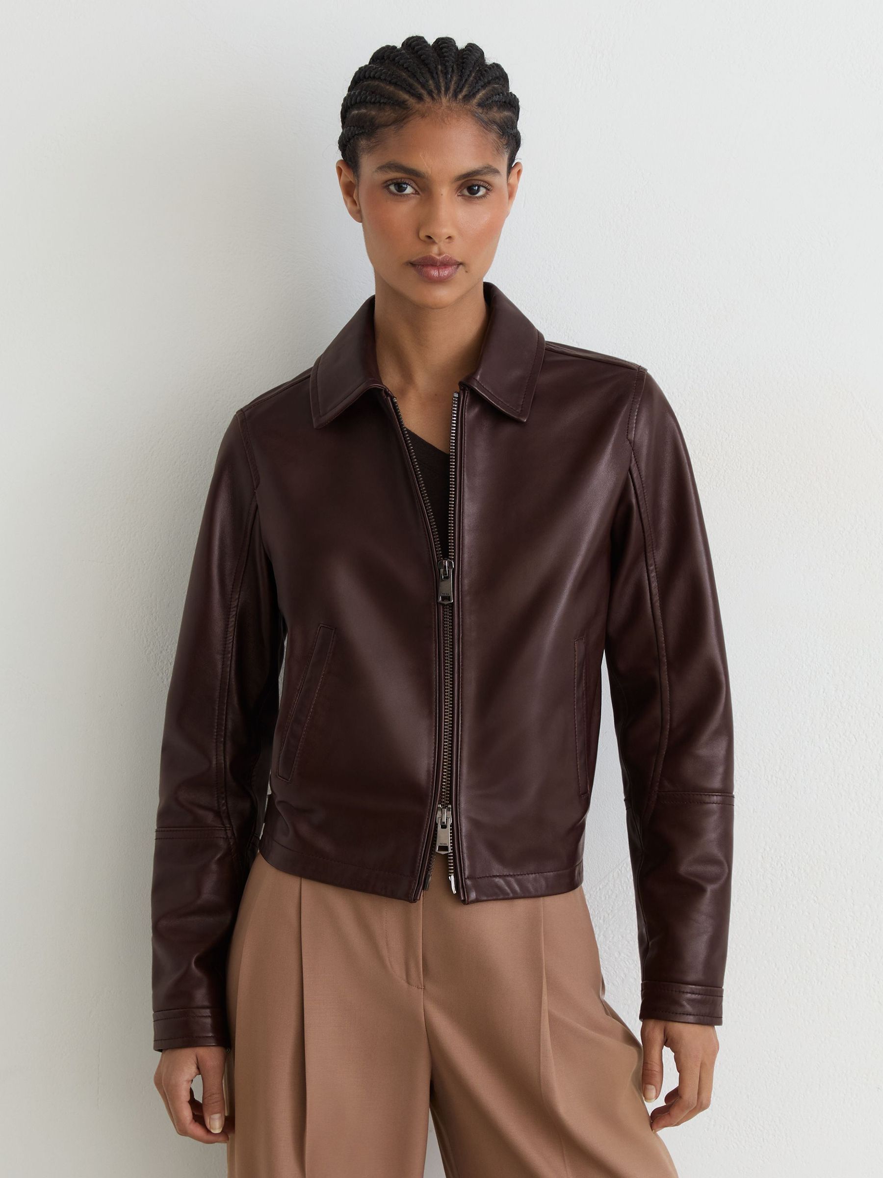 Leather Zip-Through Moto Jacket in Chocolate Brown - Image 5 of 10