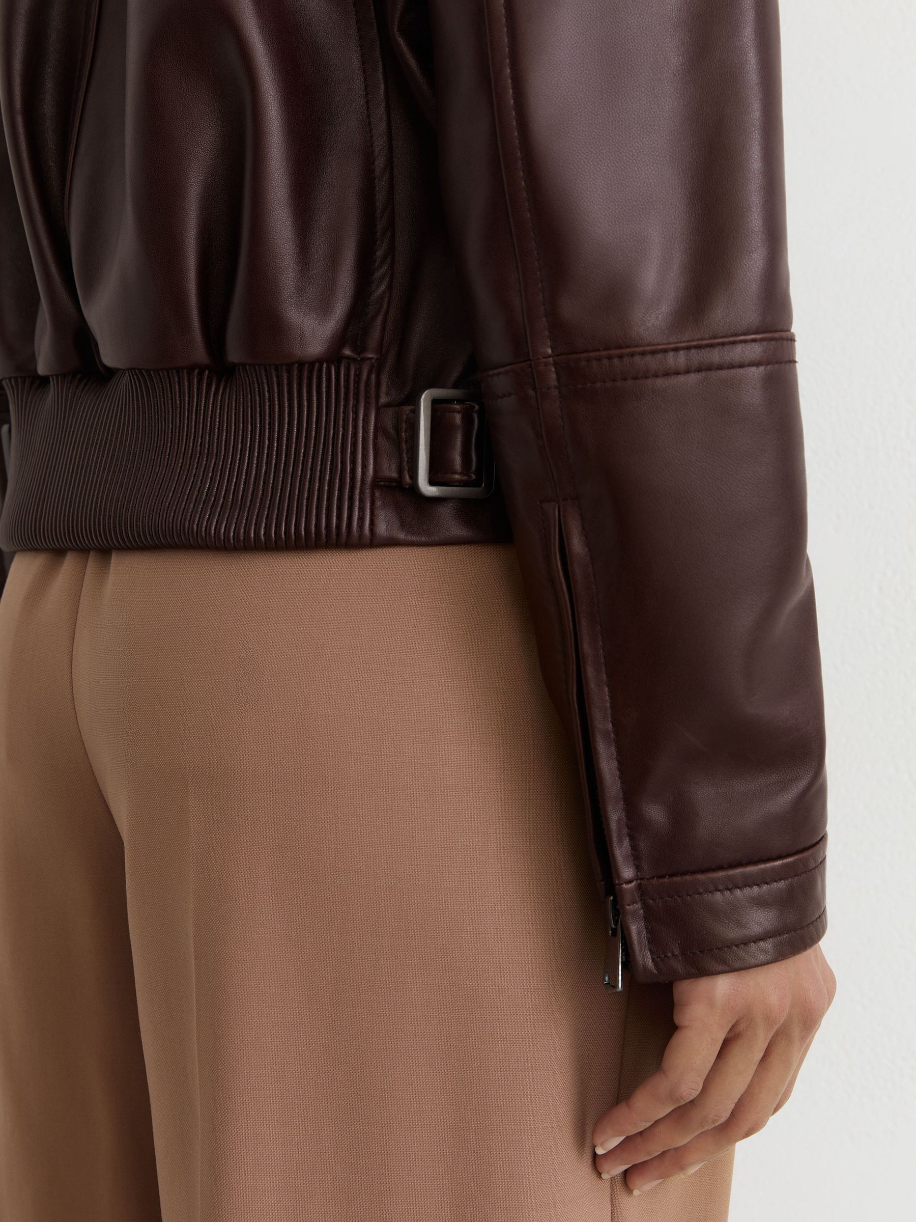 Leather Zip-Through Moto Jacket in Chocolate Brown - Image 7 of 10