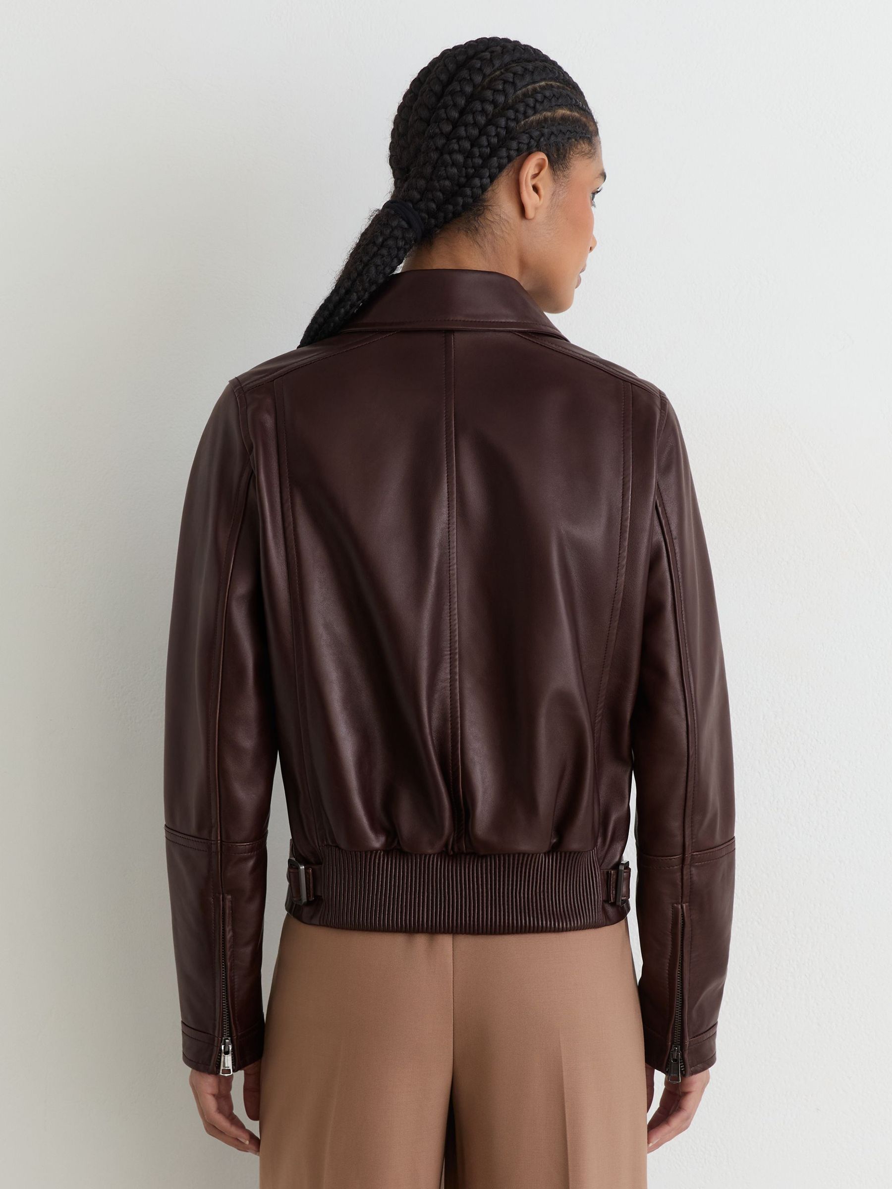 Leather Zip-Through Moto Jacket in Chocolate Brown - Image 9 of 10