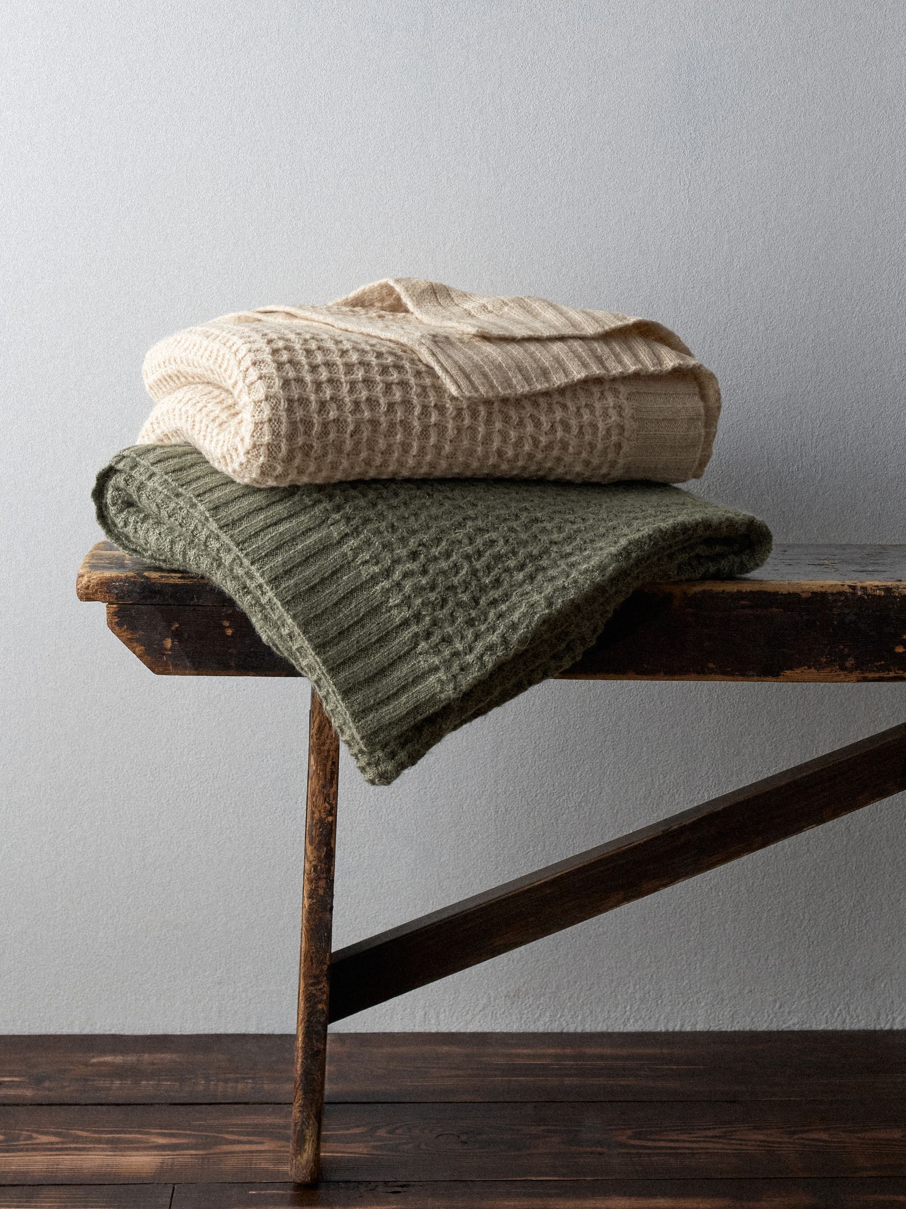 The Set 2 Pack Sage Green/Cream Ribbed Waffle Knitted Throws - Image 1 of 5