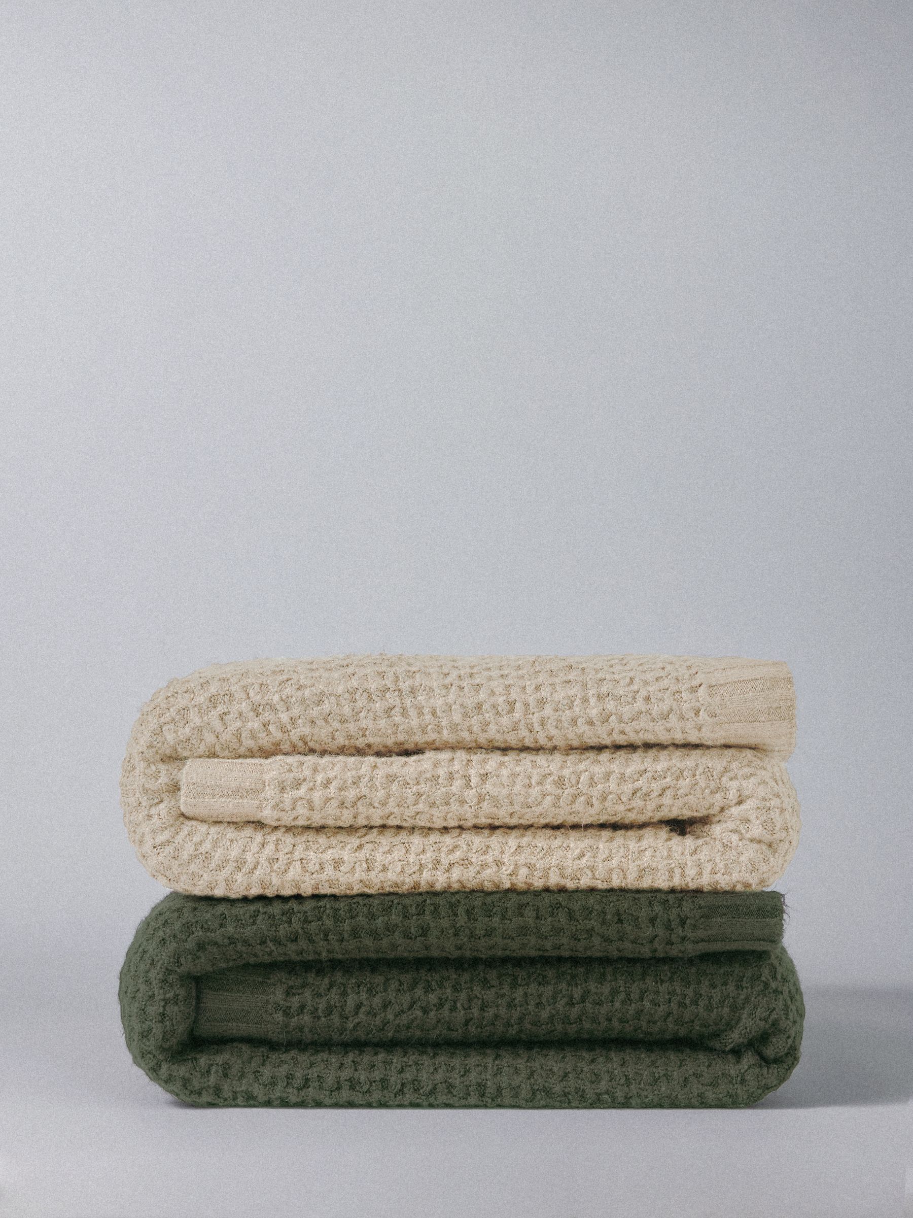 The Set 2 Pack Sage Green/Cream Ribbed Waffle Knitted Throws - Image 2 of 5