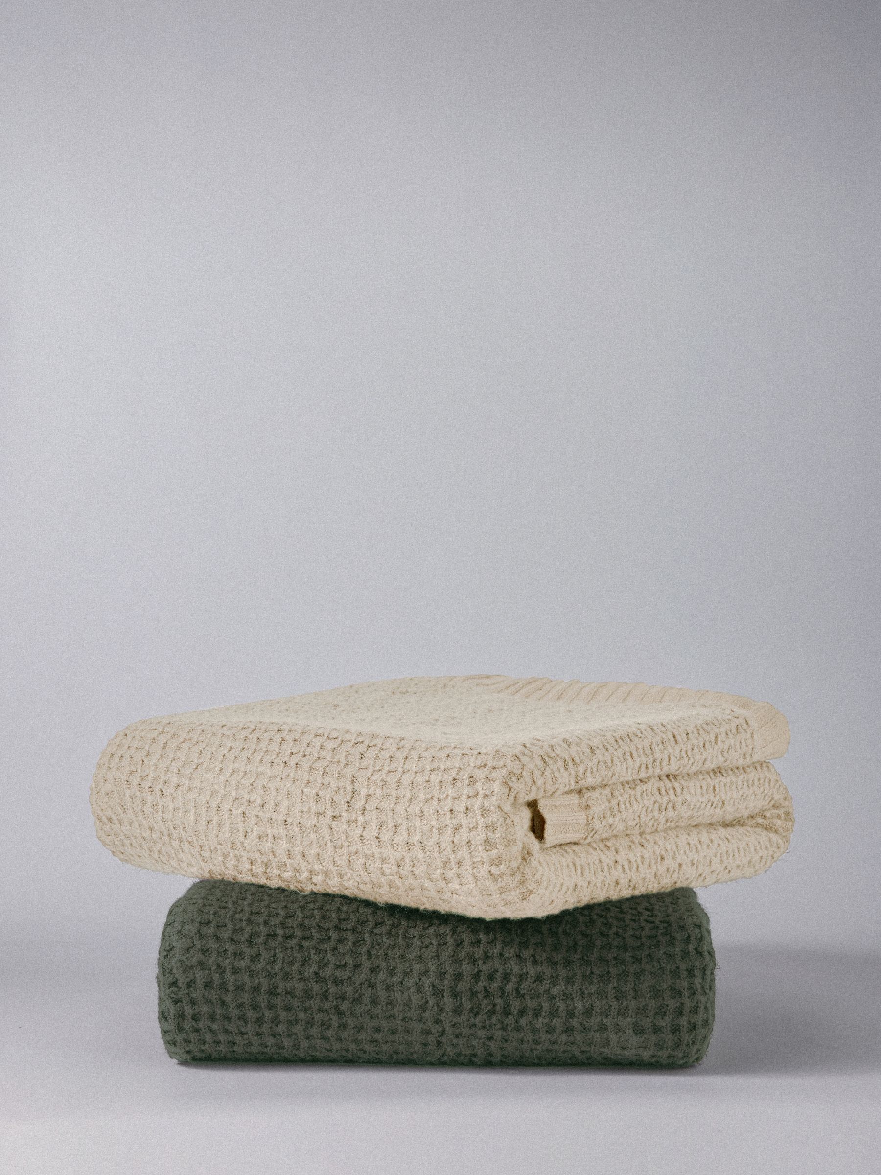 The Set 2 Pack Sage Green/Cream Ribbed Waffle Knitted Throws - Image 3 of 5