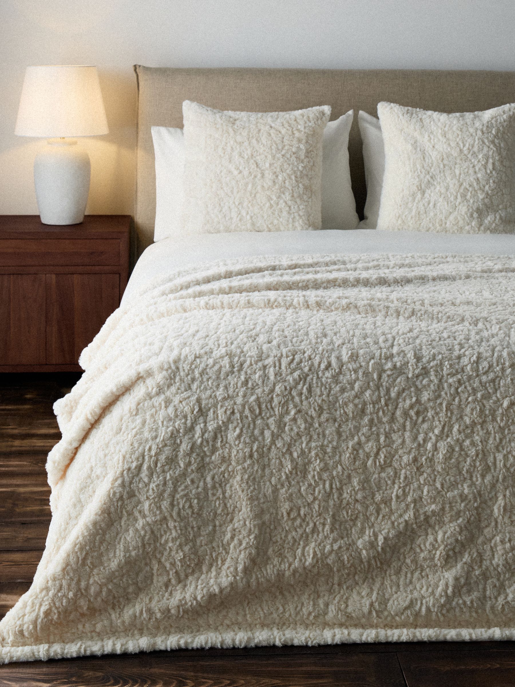 The Set 3 Piece Cream Textured Faux Fur Throw and Cushion Covers - Image 2 of 4