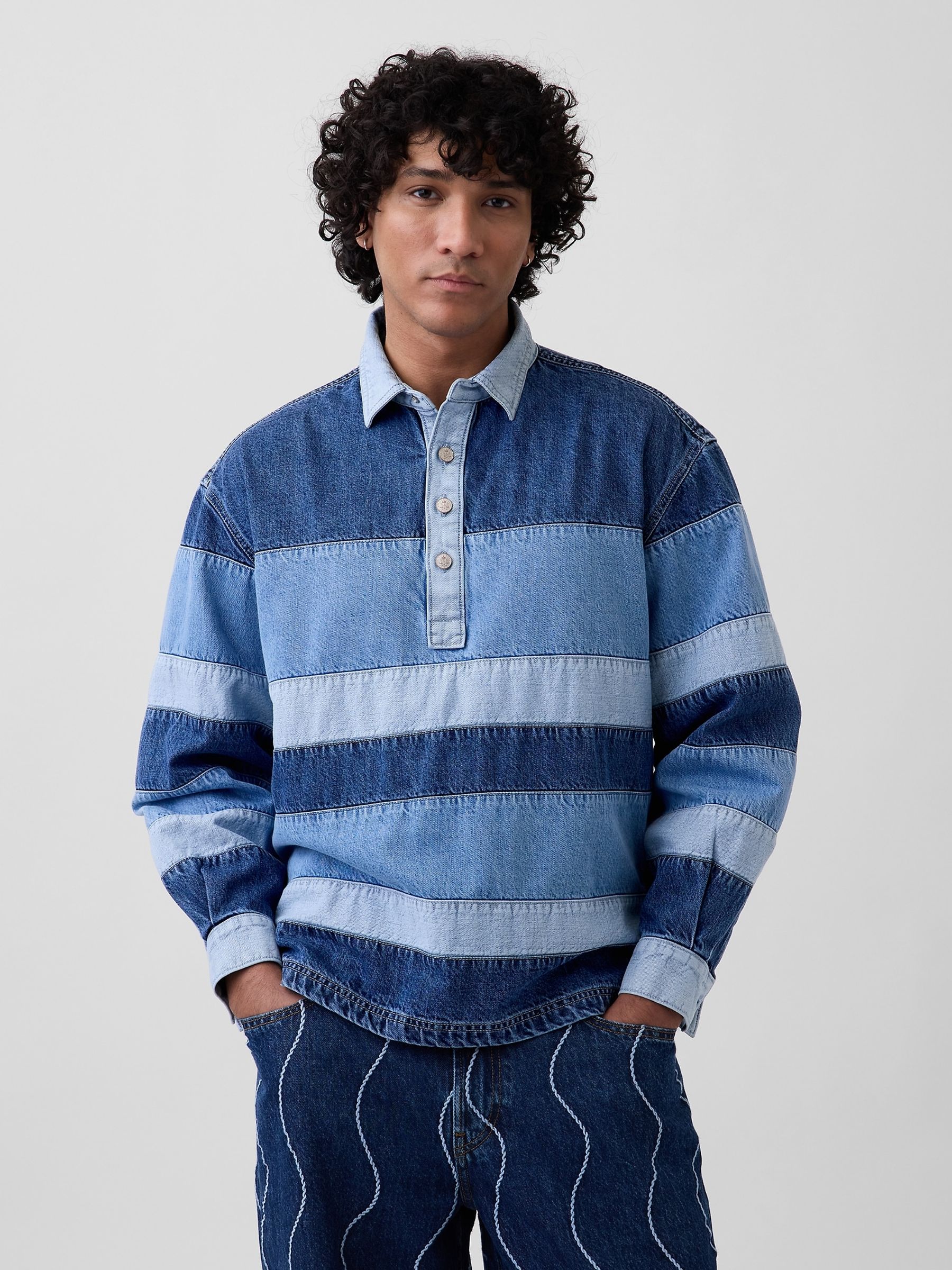 Gap x Harlem's Fashion Row Colourblock Denim Stripe Polo Shirt - Image 1 of 4