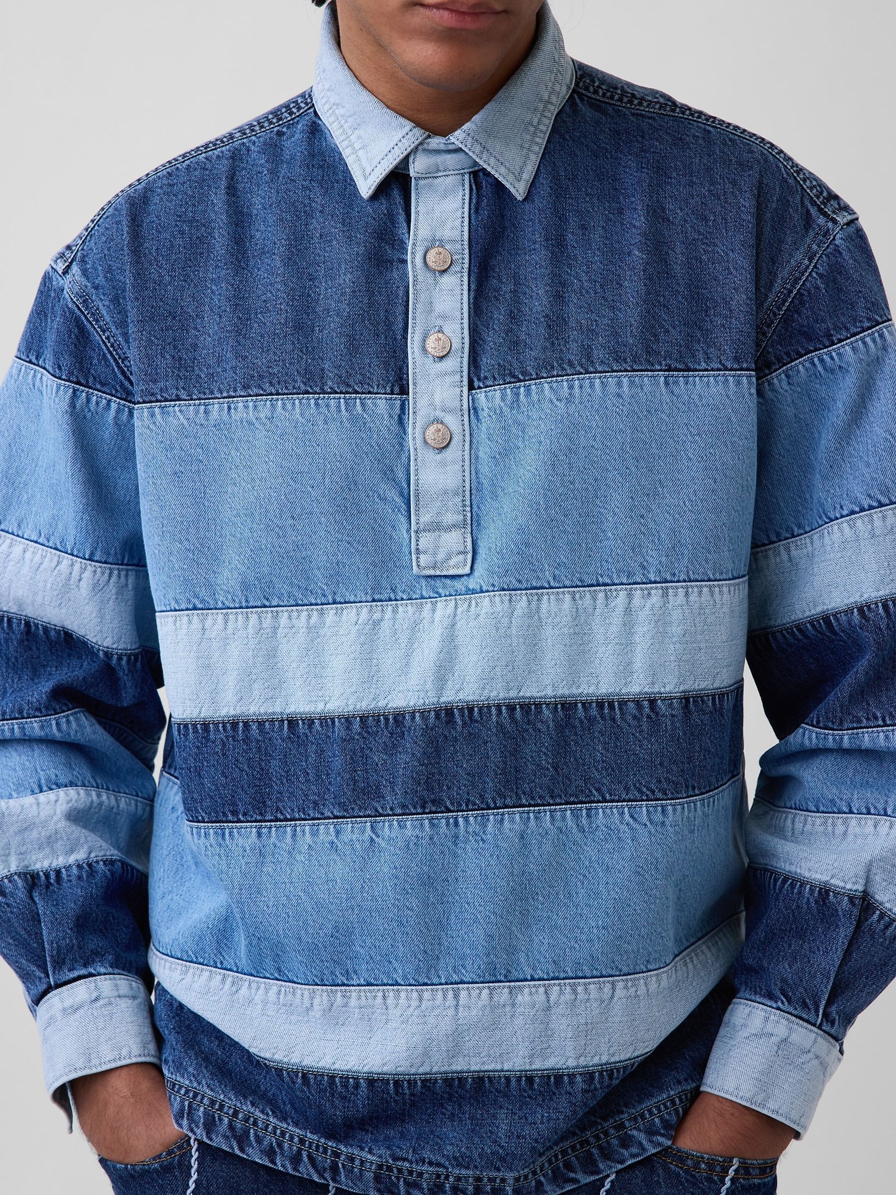 Gap x Harlem's Fashion Row Colourblock Denim Stripe Polo Shirt - Image 4 of 4