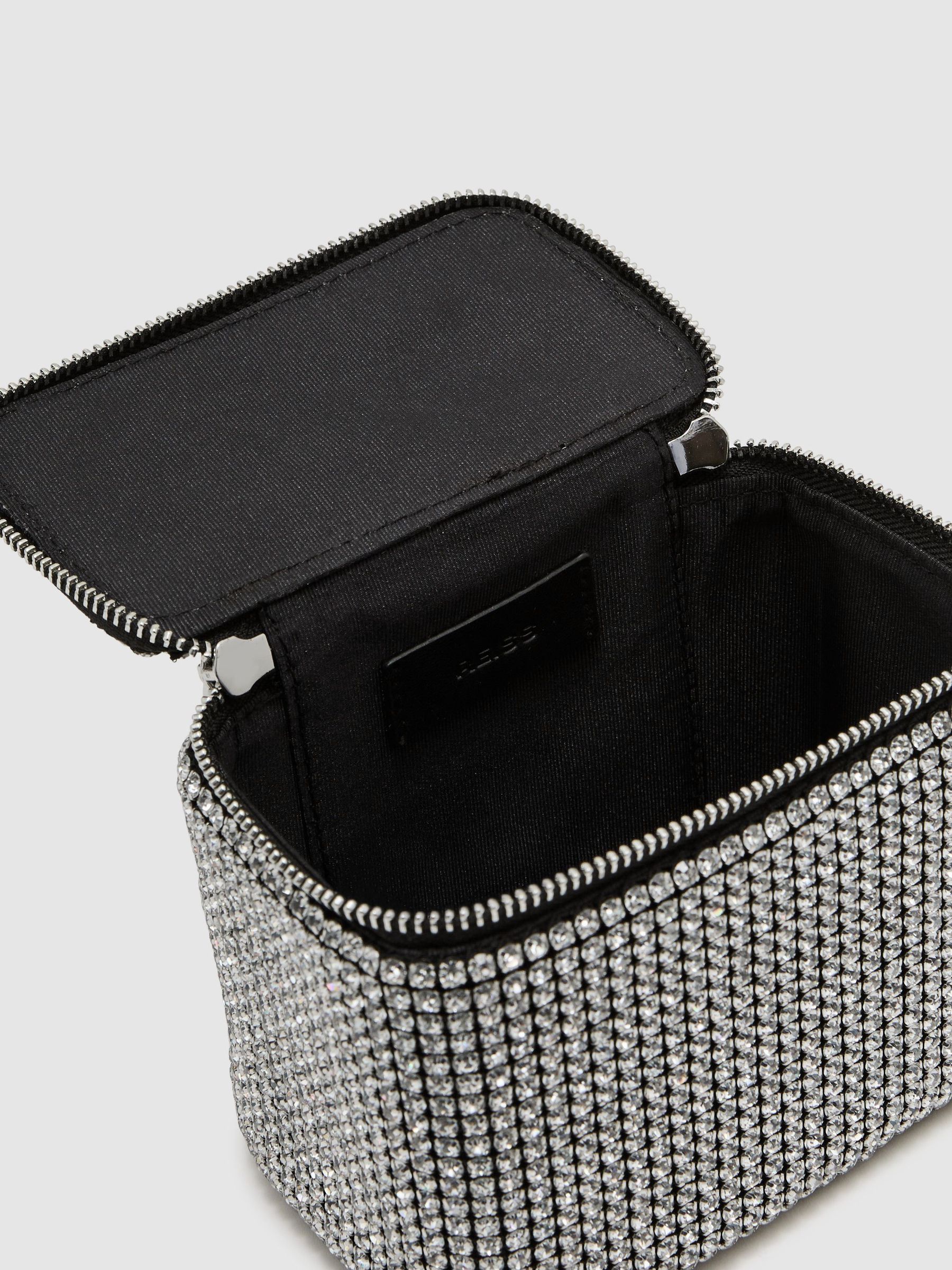 Miniaturní křišťálová kosmetická kabelka crossbody ve stříbrné barvě - Obrázek 3 z 5