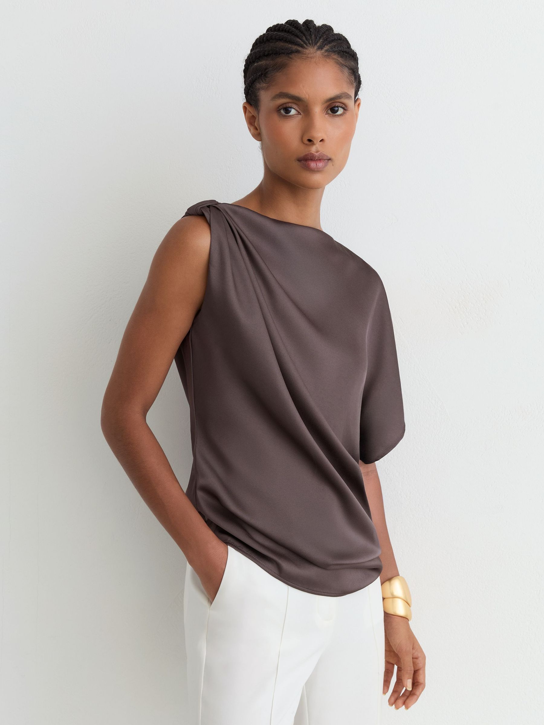 Satin Draped One-Shoulder Top in Mauve - Image 1 of 6